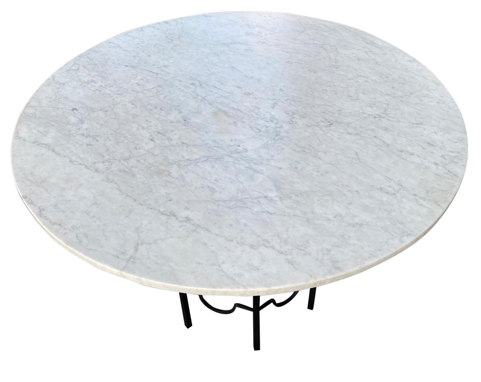 American Midcentury Round Carrara Marble-Top Patio Dining Table with Hexagon Iron Base