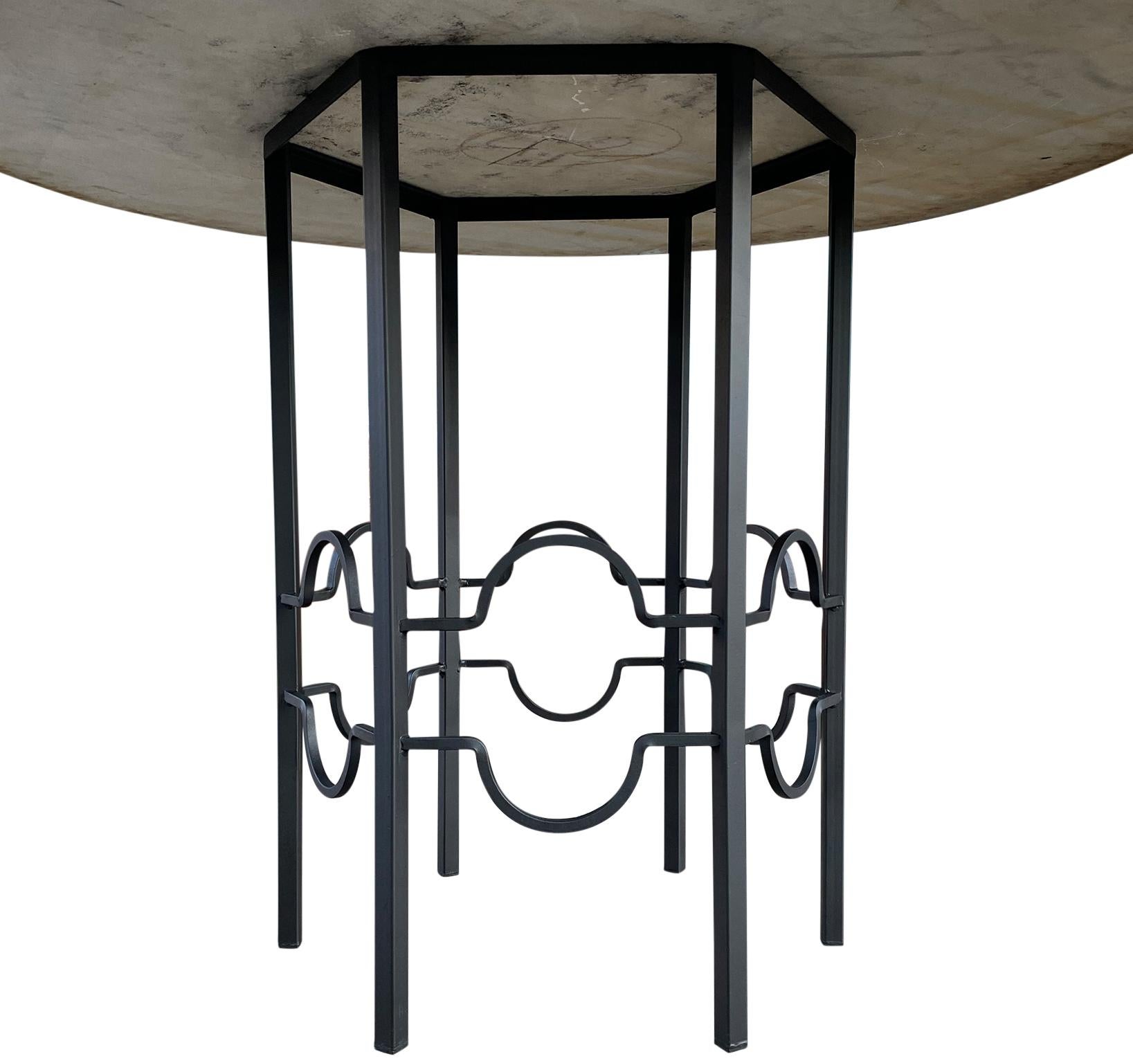 20th Century Midcentury Round Carrara Marble-Top Patio Dining Table with Hexagon Iron Base