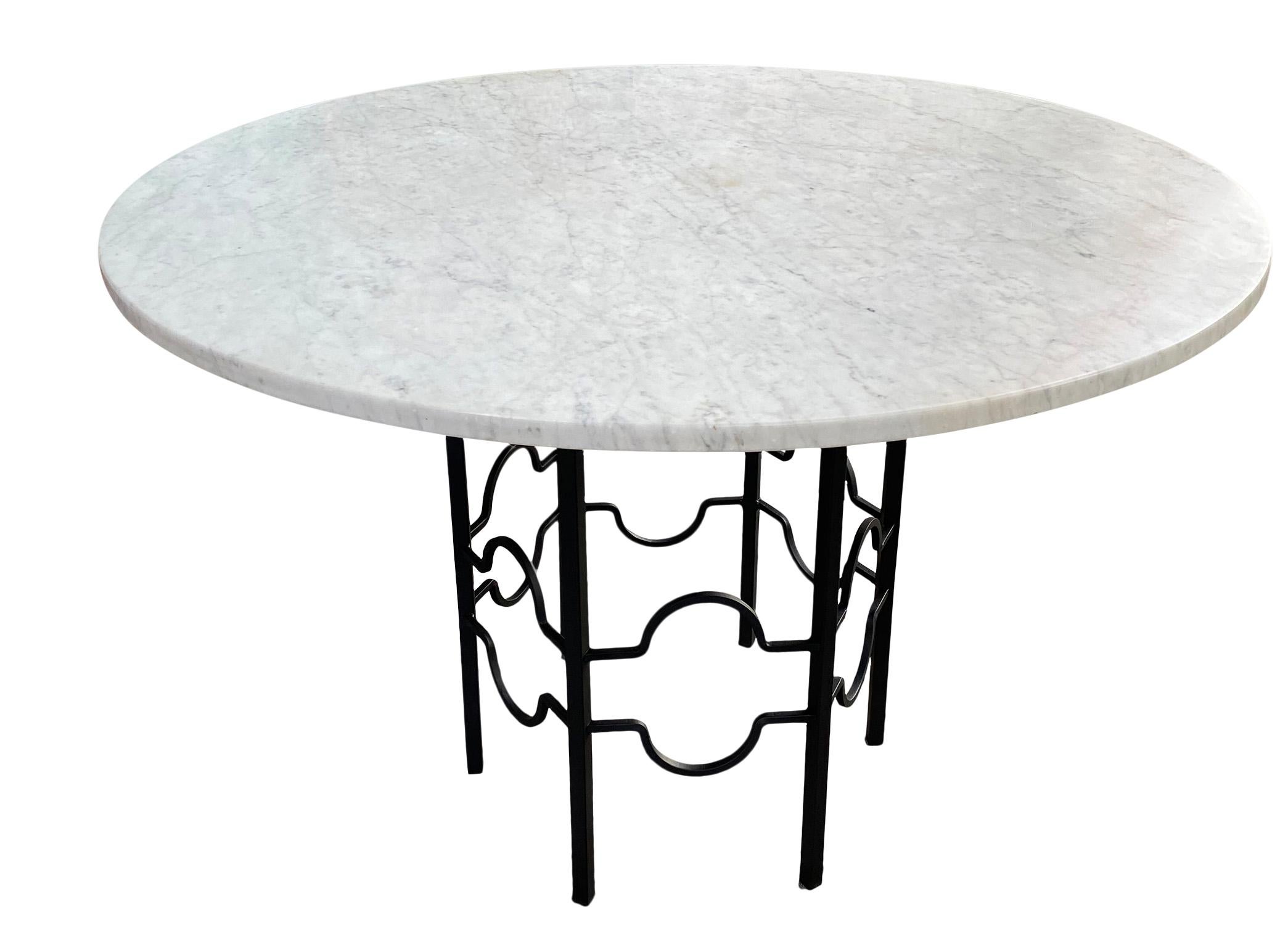 Midcentury Round Carrara Marble-Top Patio Dining Table with Hexagon Iron Base 1