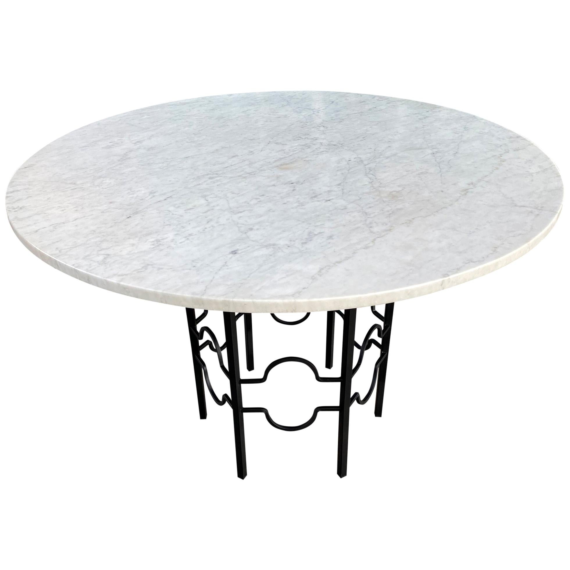 Midcentury Round Carrara Marble-Top Patio Dining Table with Hexagon Iron Base