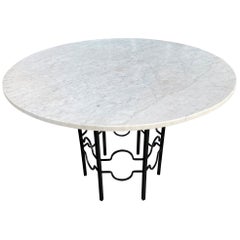 Midcentury Round Carrara Marble-Top Patio Dining Table with Hexagon Iron Base