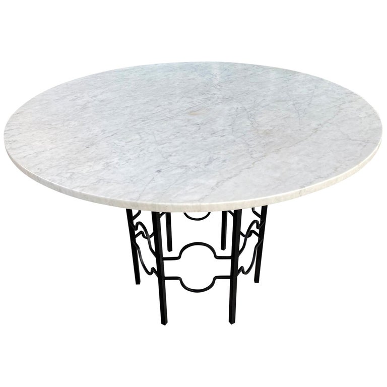 Midcentury Round Carrara MarbleTop Patio Dining Table with Hexagon
