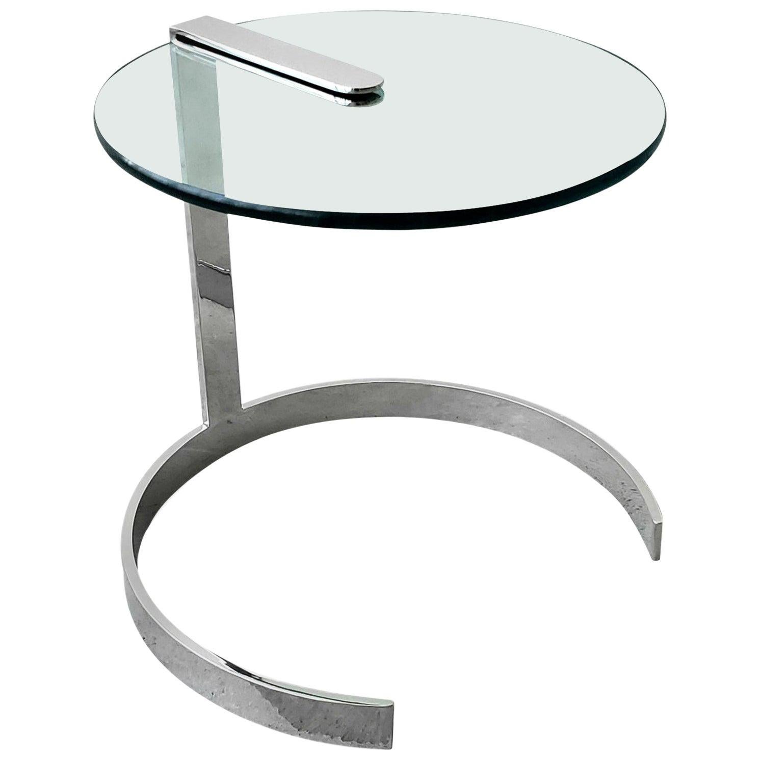 Pair Chrome Brass and Glass Side Tables with Black Enamel Legs For Sale