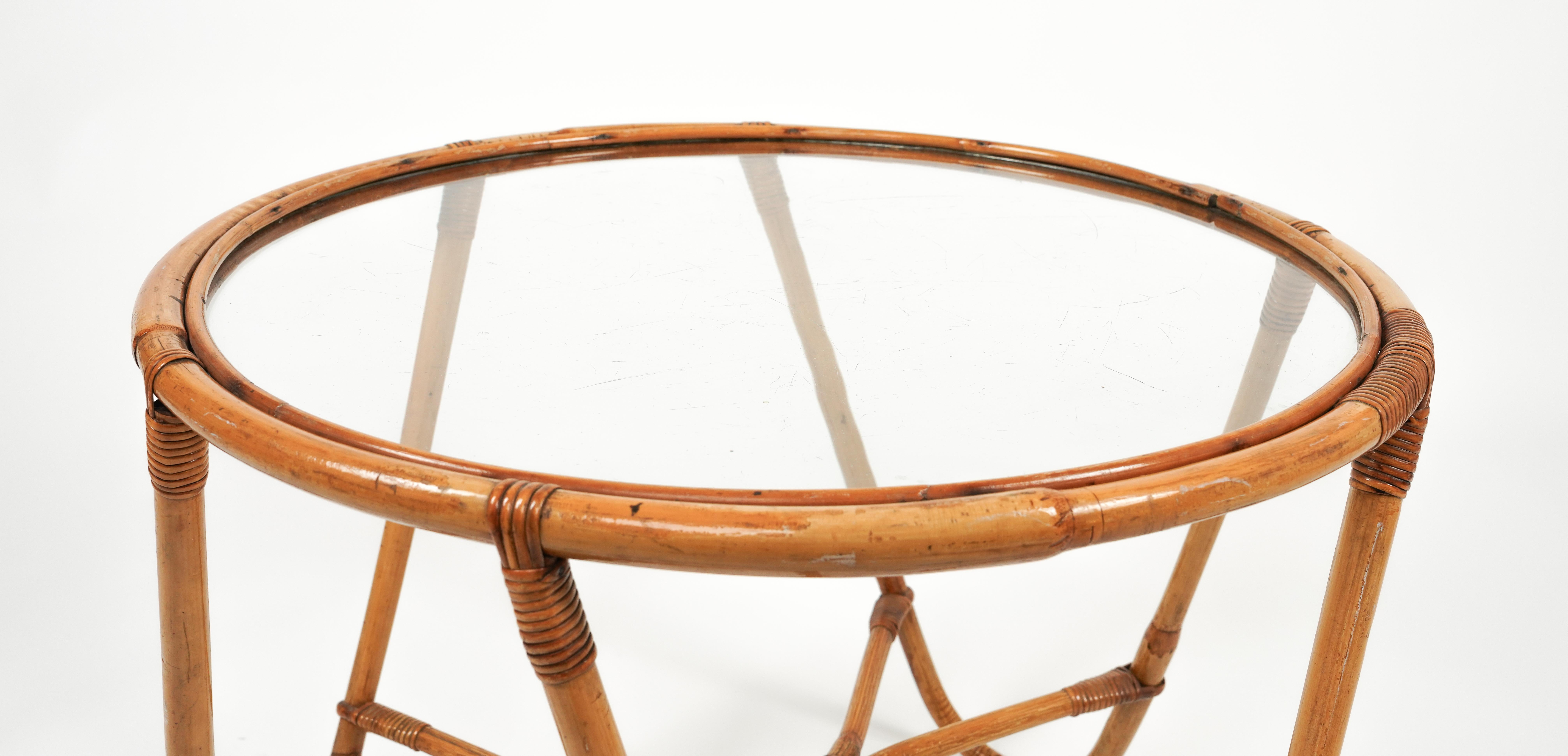 Midcentury Round Coffee Table in Bamboo, Rattan and Glass, Italy 1960s For Sale 7