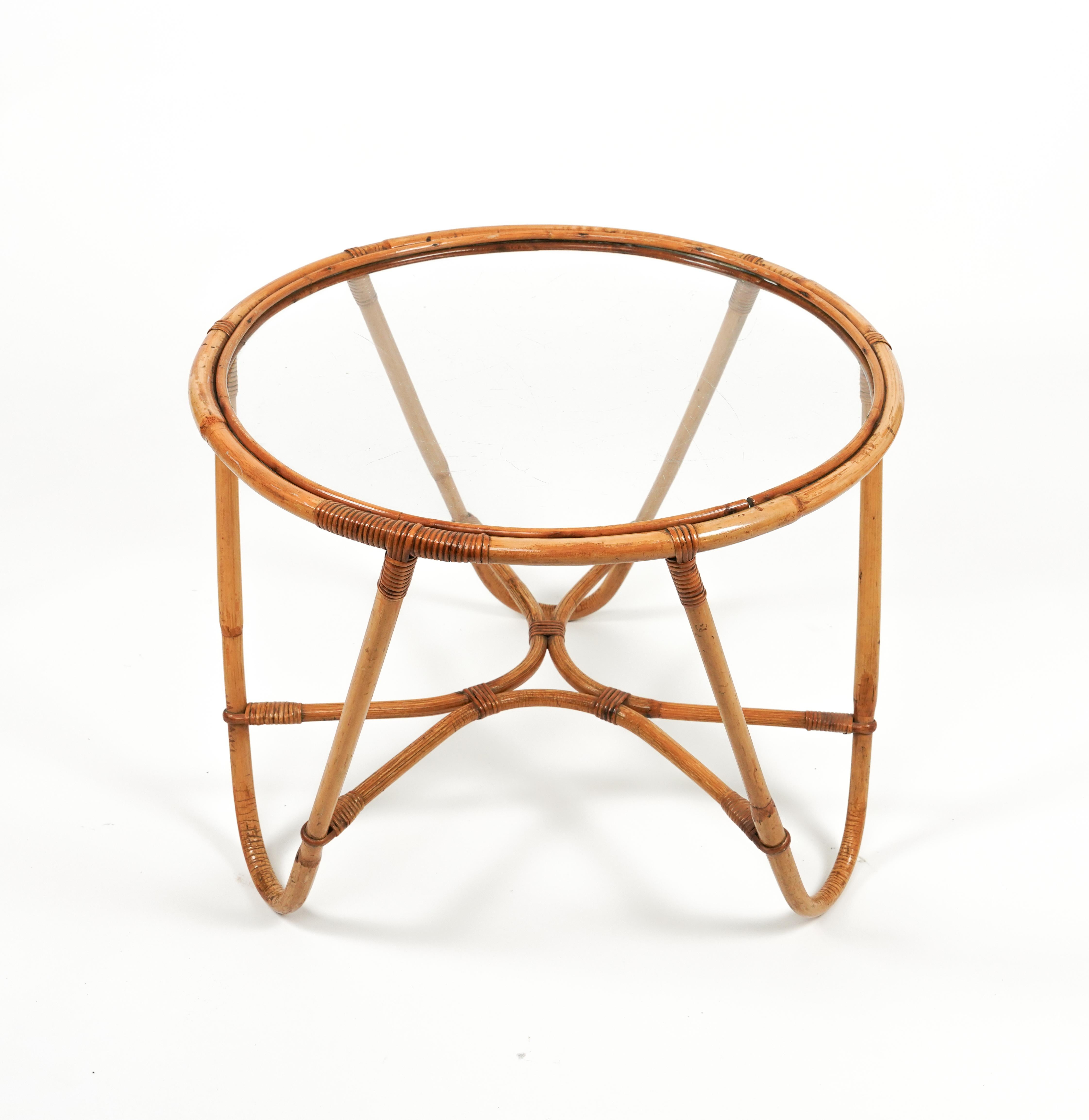 Midcentury Round Coffee Table in Bamboo, Rattan and Glass, Italy 1960s For Sale 1