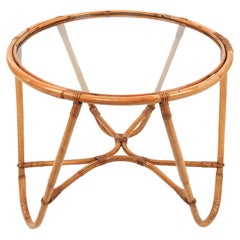 Retro Midcentury Round Coffee Table in Bamboo, Rattan and Glass, Italy 1960s