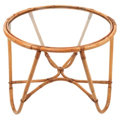 Vintage Midcentury Round Coffee Table in Bamboo, Rattan and Glass, Italy 1960s