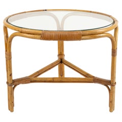 Vintage Midcentury Round Coffee Table in Bamboo, Rattan and Glass, Italy 1960s