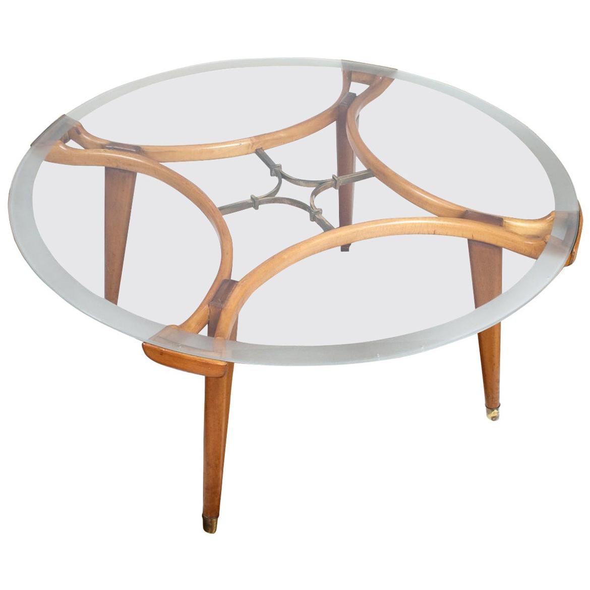 Midcentury Round Coffee Table in Glass and Oak by William Watting for Fristho For Sale