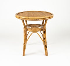 Midcentury Round Coffee Table in Rattan and Bamboo and Wicker, Italy 1960s