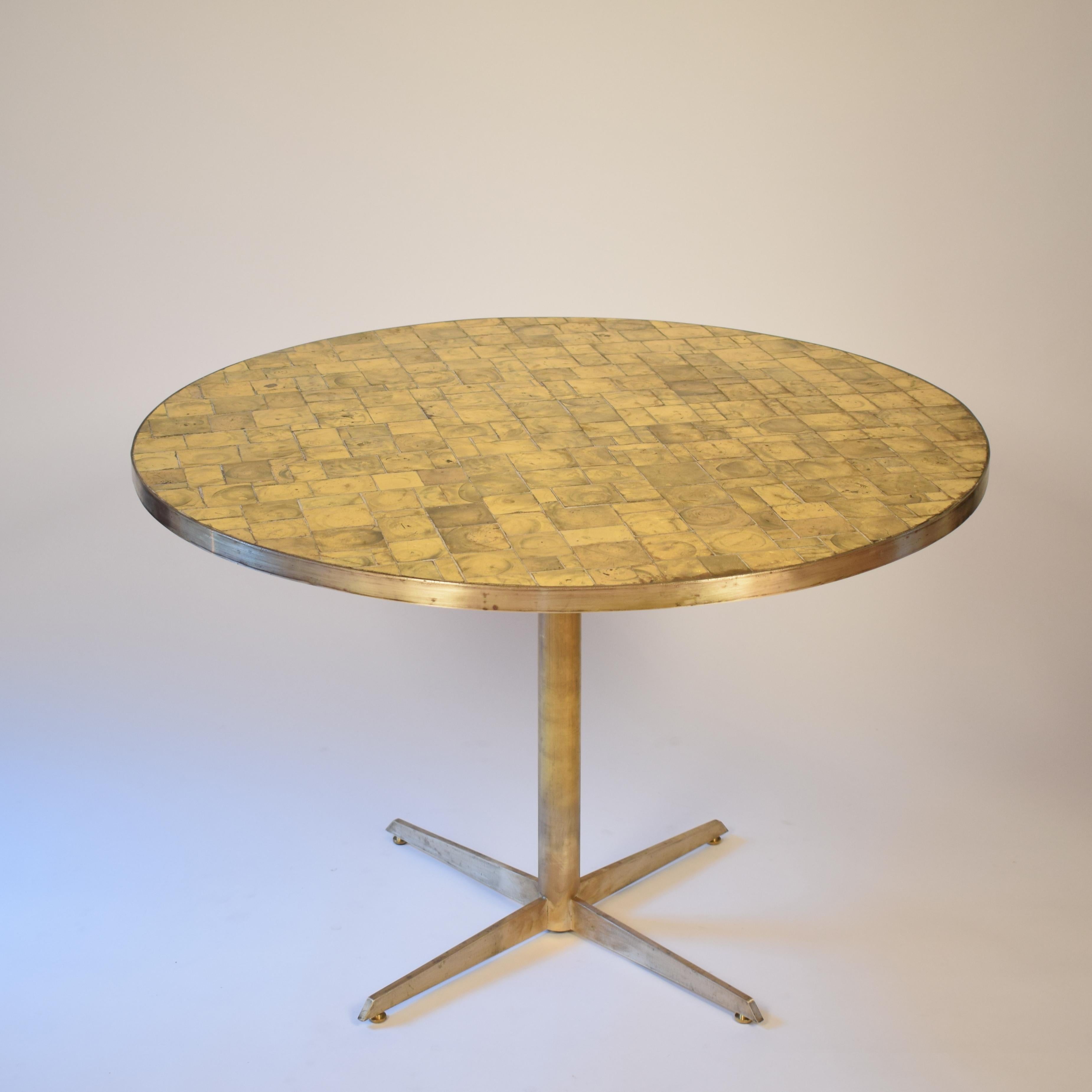 Mid-Century Modern Midcentury Round Dining Table with Gilded Glass Tiles Top and Brass Base