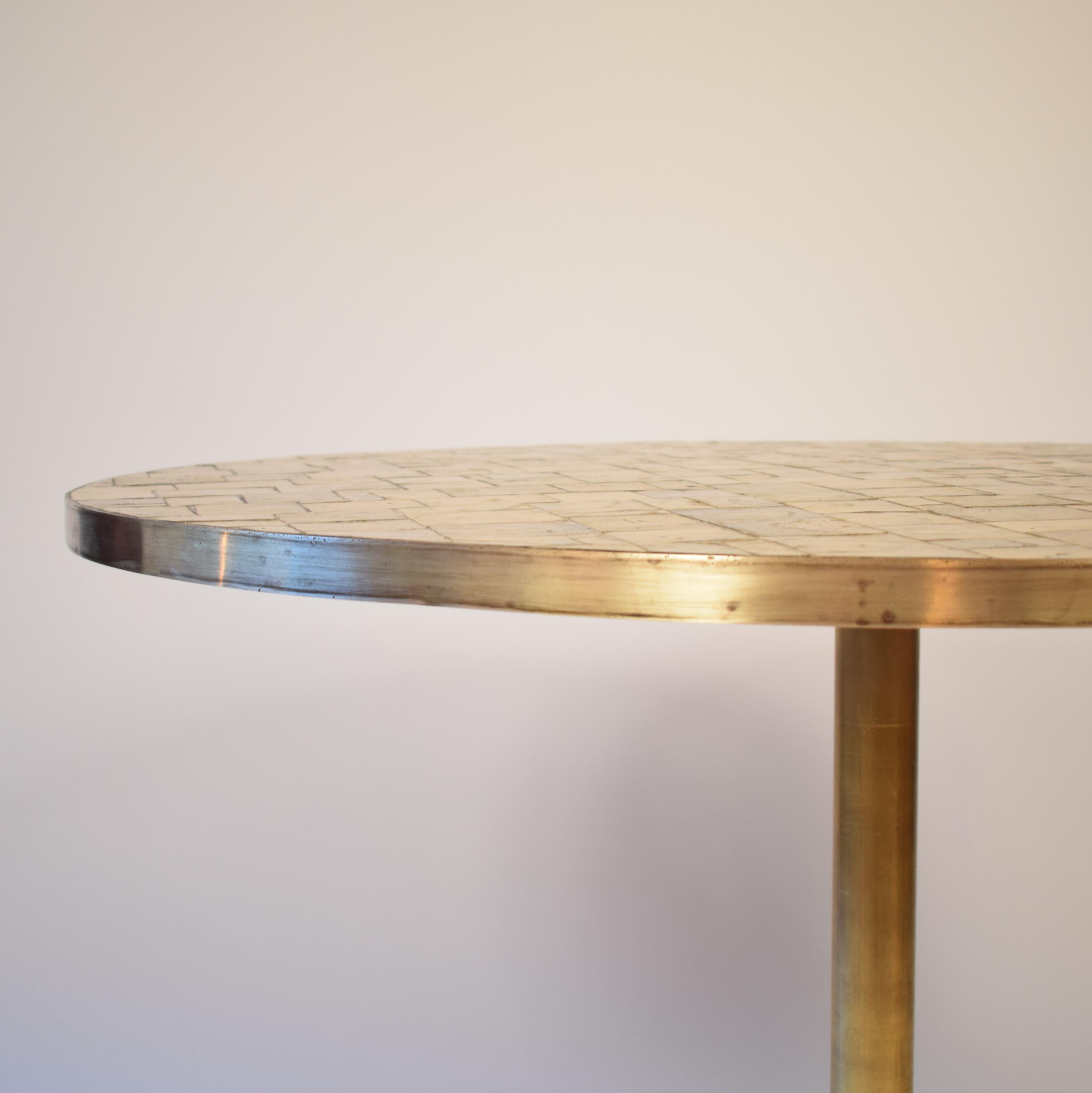 Gilt Midcentury Round Dining Table with Gilded Glass Tiles Top and Brass Base