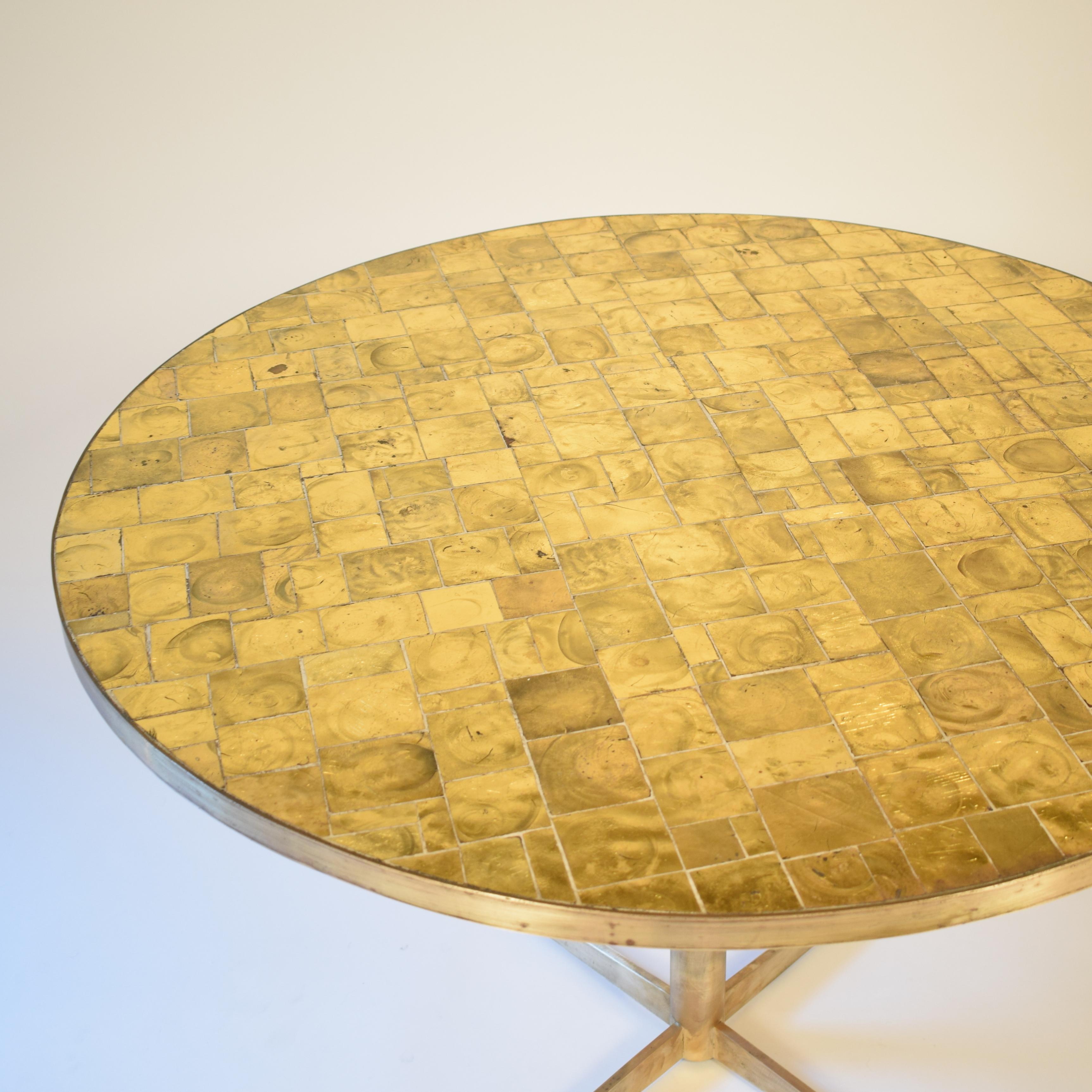 Midcentury Round Dining Table with Gilded Glass Tiles Top and Brass Base 2