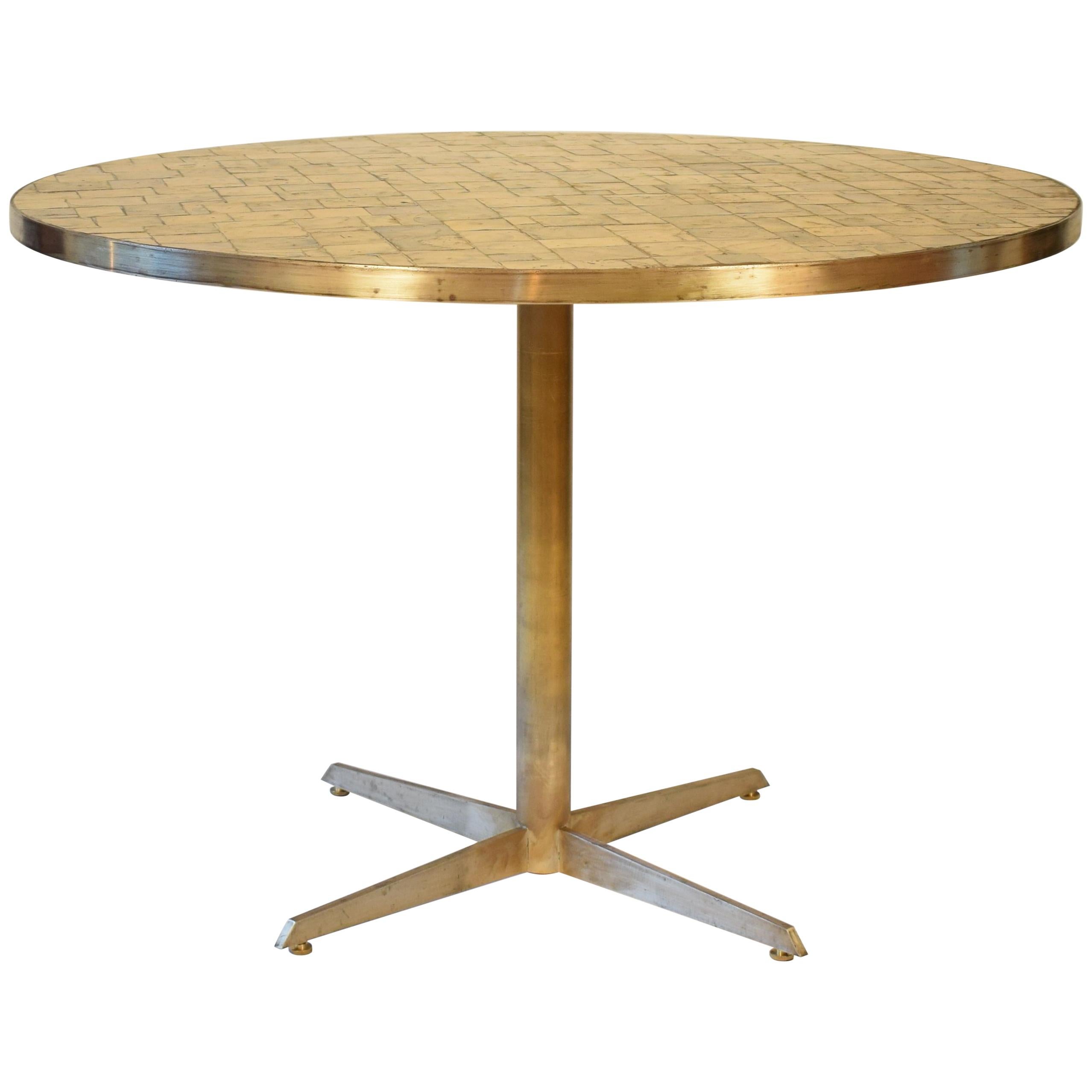 Midcentury Round Dining Table with Gilded Glass Tiles Top and Brass Base