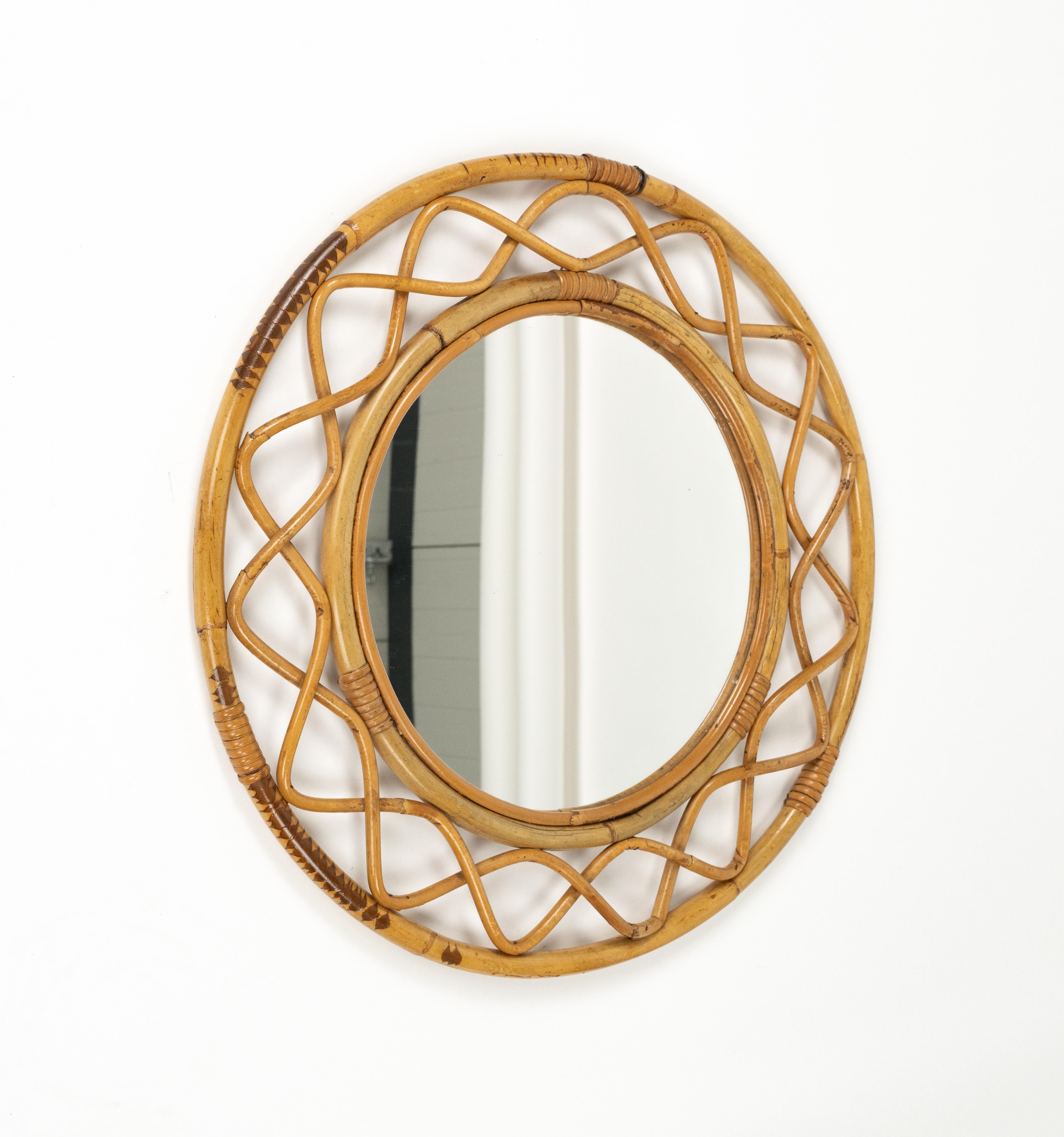 Miroir mural rond à double cadre, bambou et rotin, Italie, années 1960 en vente 3