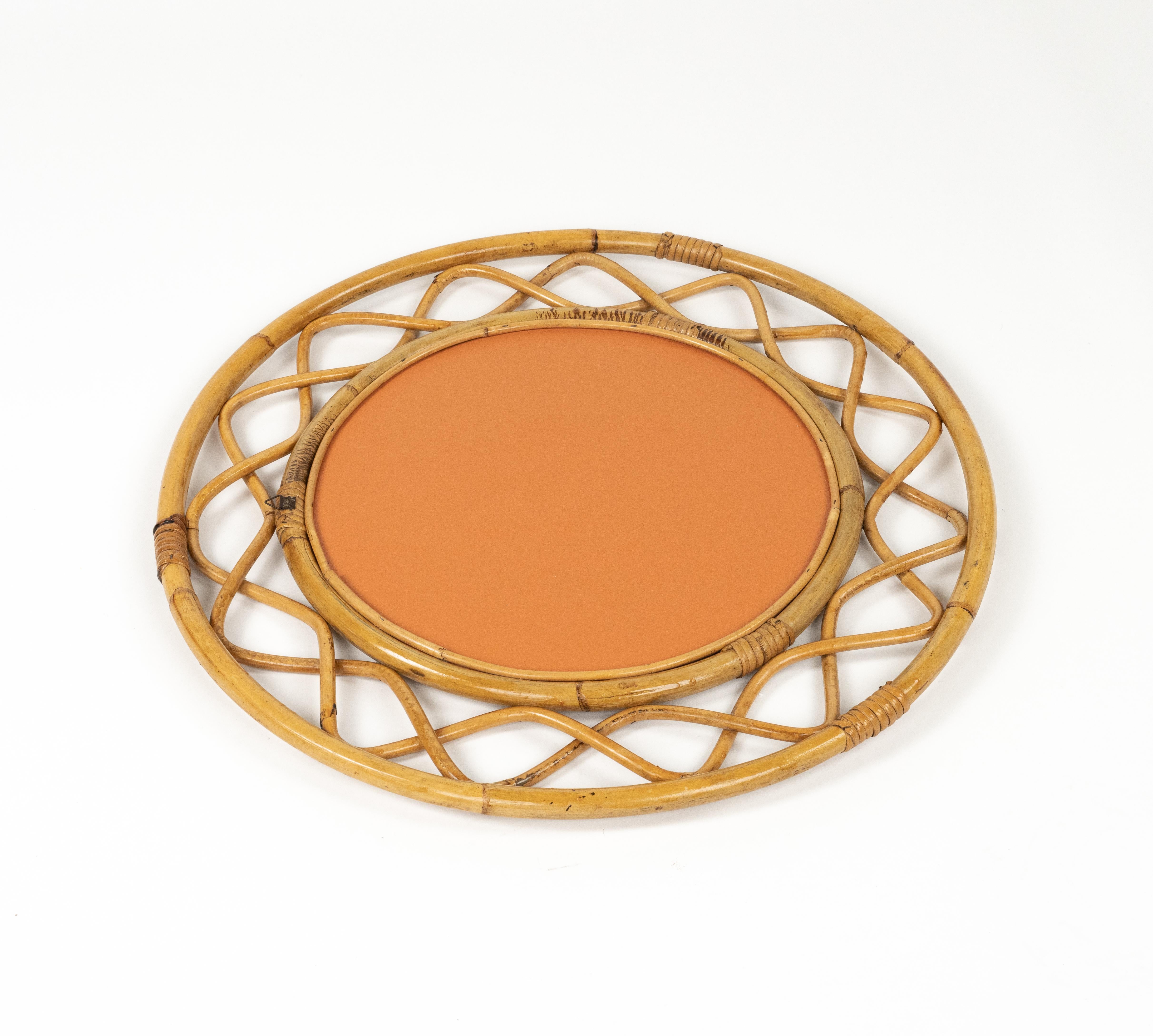 Miroir mural rond à double cadre, bambou et rotin, Italie, années 1960 en vente 4