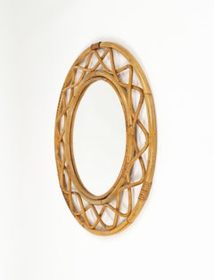 Espejo de pared redondo de doble marco de mediados de siglo Bambú y ratán, Italia Años 60