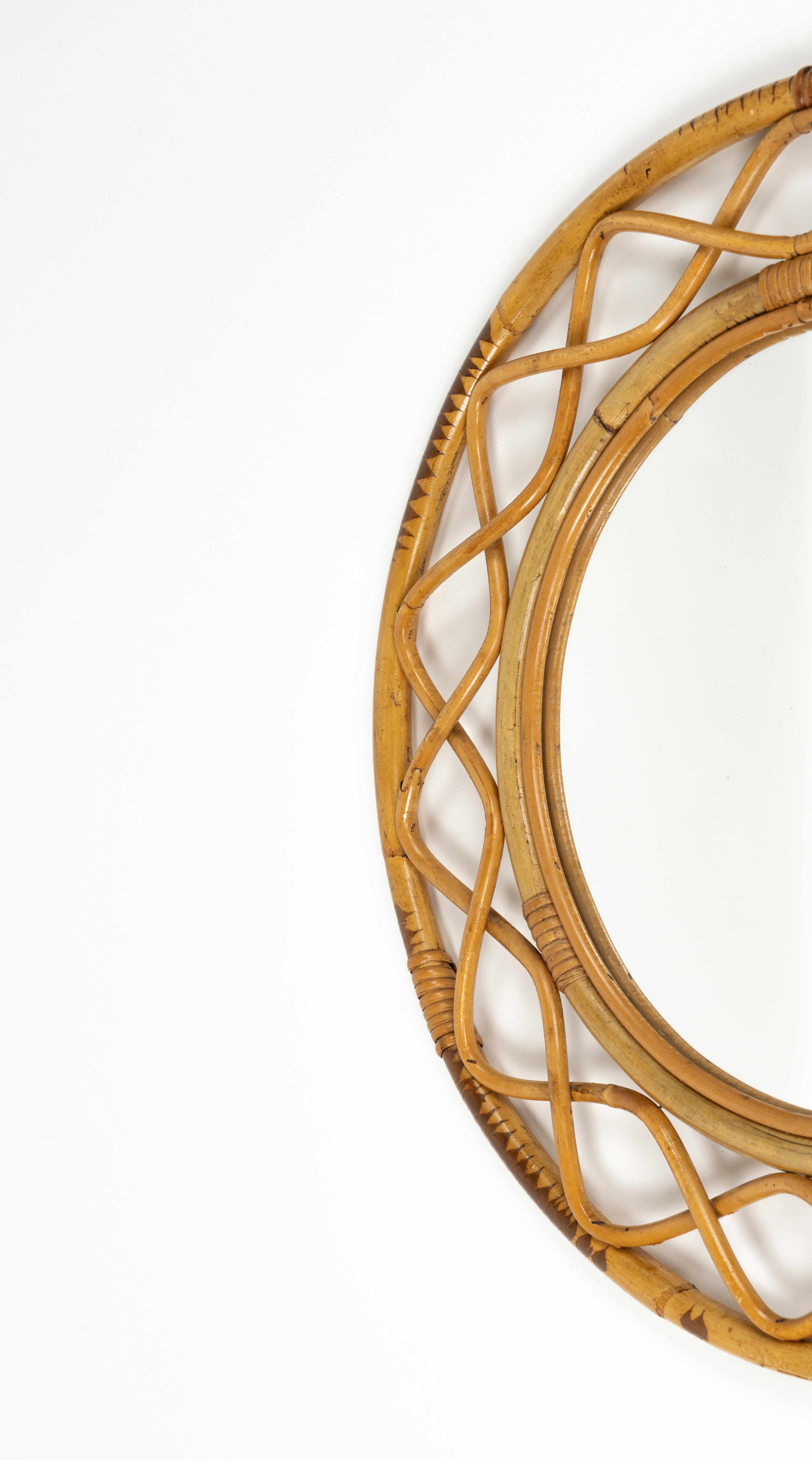 Bambou Miroir mural rond à double cadre, bambou et rotin, Italie, années 1960 en vente