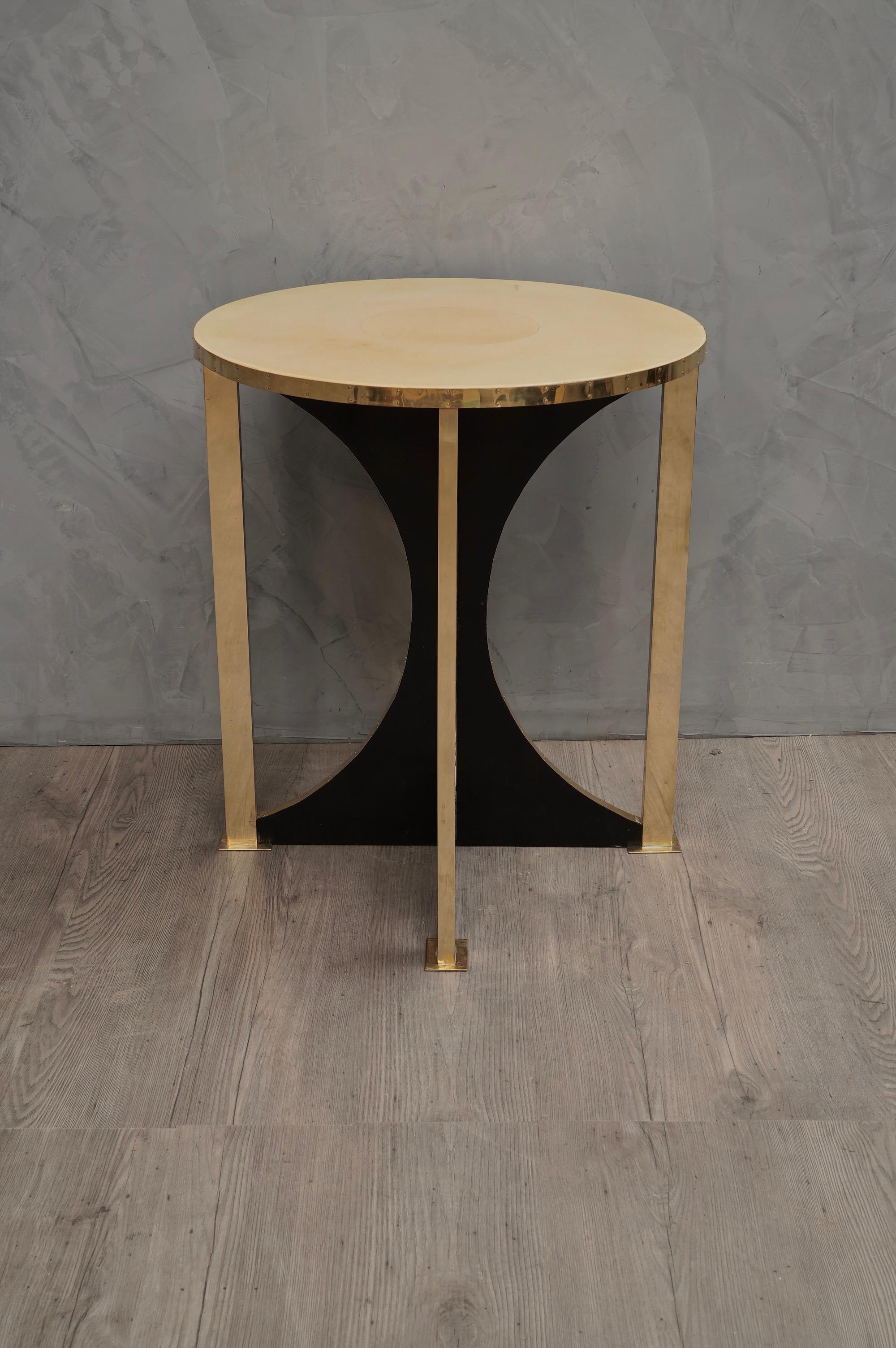 Midcentury Round Goat Skin and Brass Side Table, 1960 1