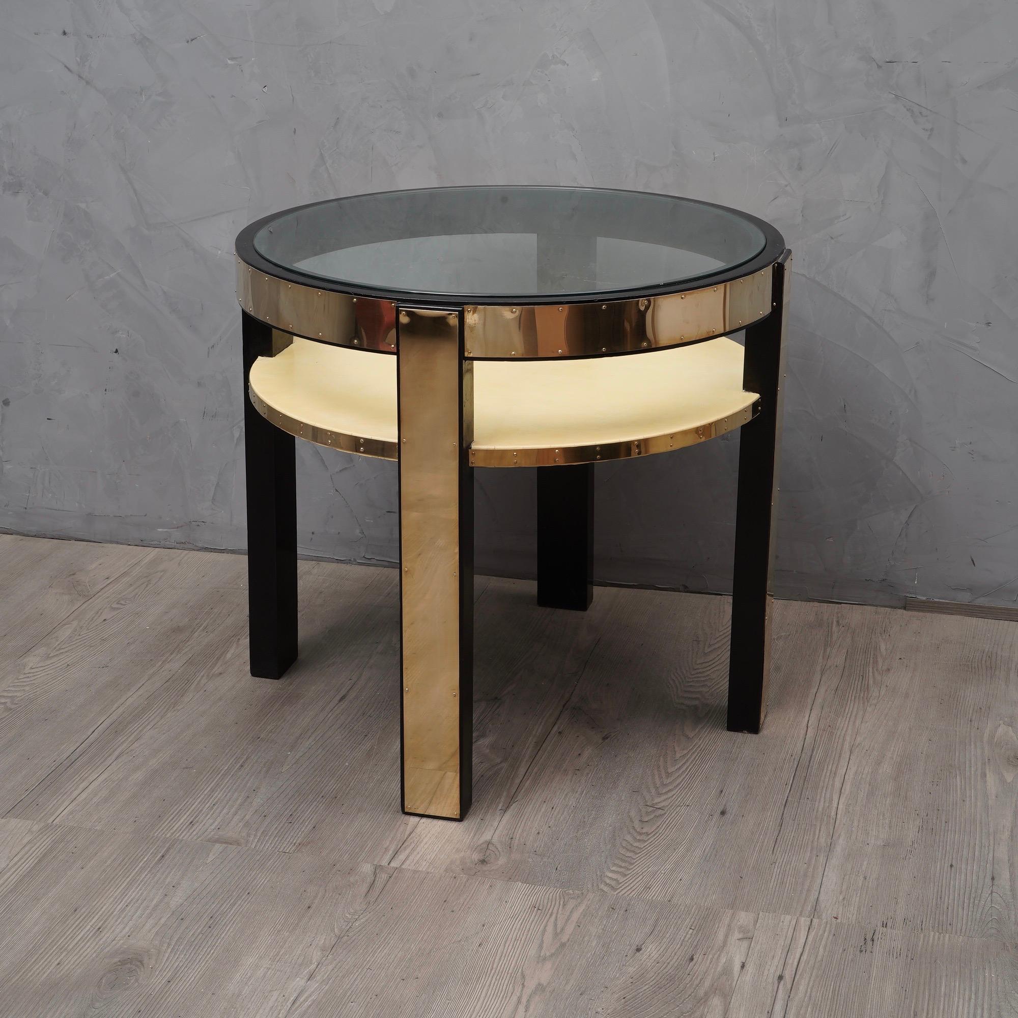 Midcentury Round Goatskin Brass and Glass Italian Side Table, 1940 In Good Condition In Rome, IT