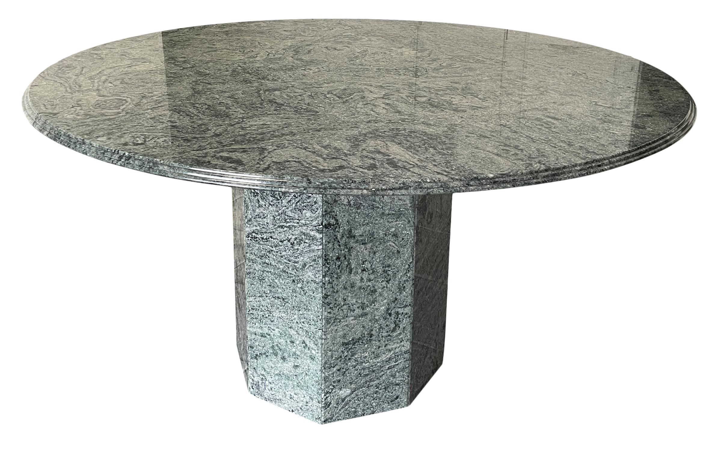 Mid-Century Modern Midcentury Round Green Solid Marble Dining Table with Hexagon Base