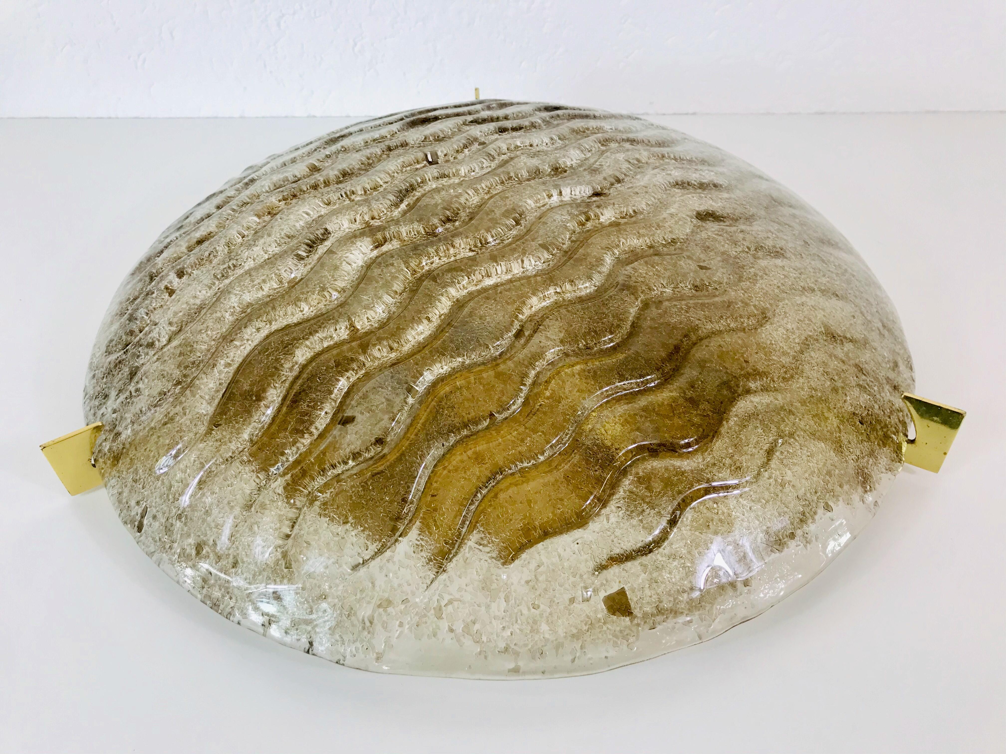 Midcentury Round Ice Glass Flush Mount by Kaiser, 1960s In Good Condition For Sale In Hagenbach, DE