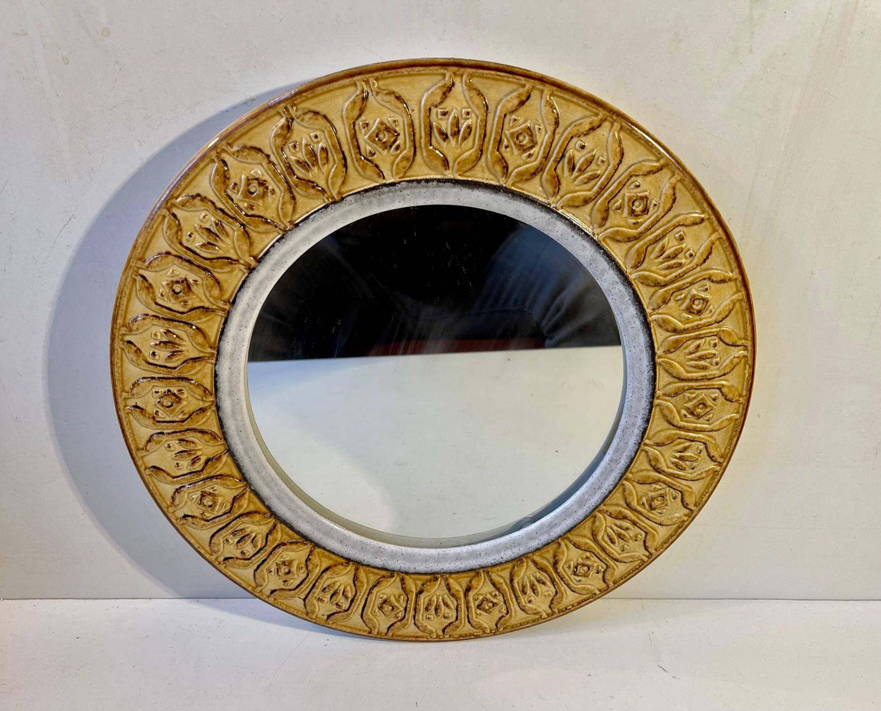 Glazed Midcentury Round Italian Ceramic Wall Mirror, 1970s For Sale