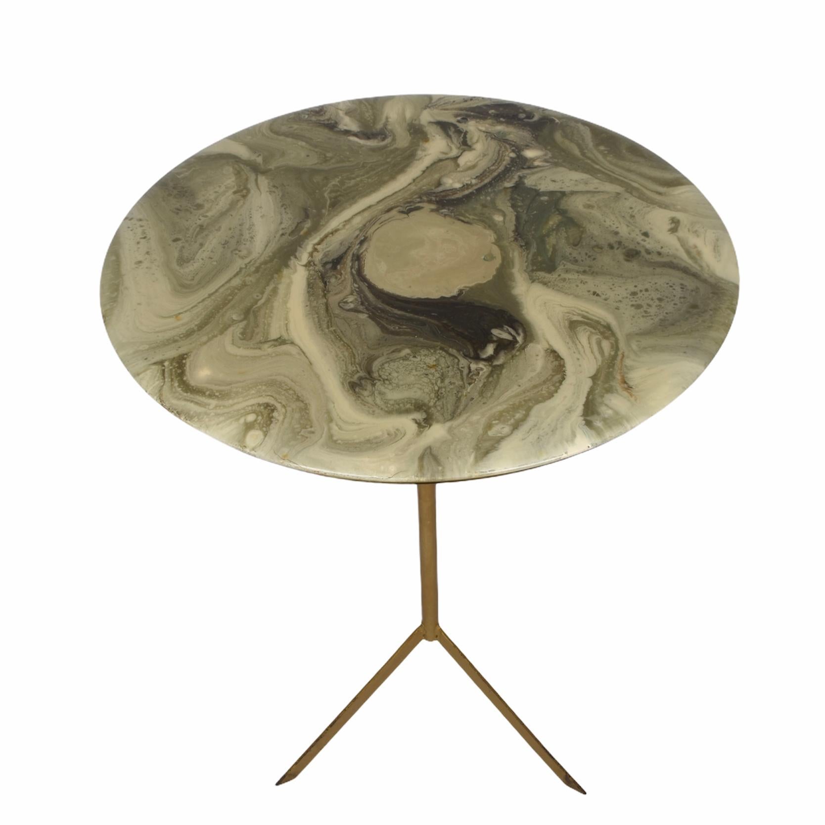 Midcentury Round Italian Gueridon Table with Marble Resin Top and Metal, 1950s For Sale 4