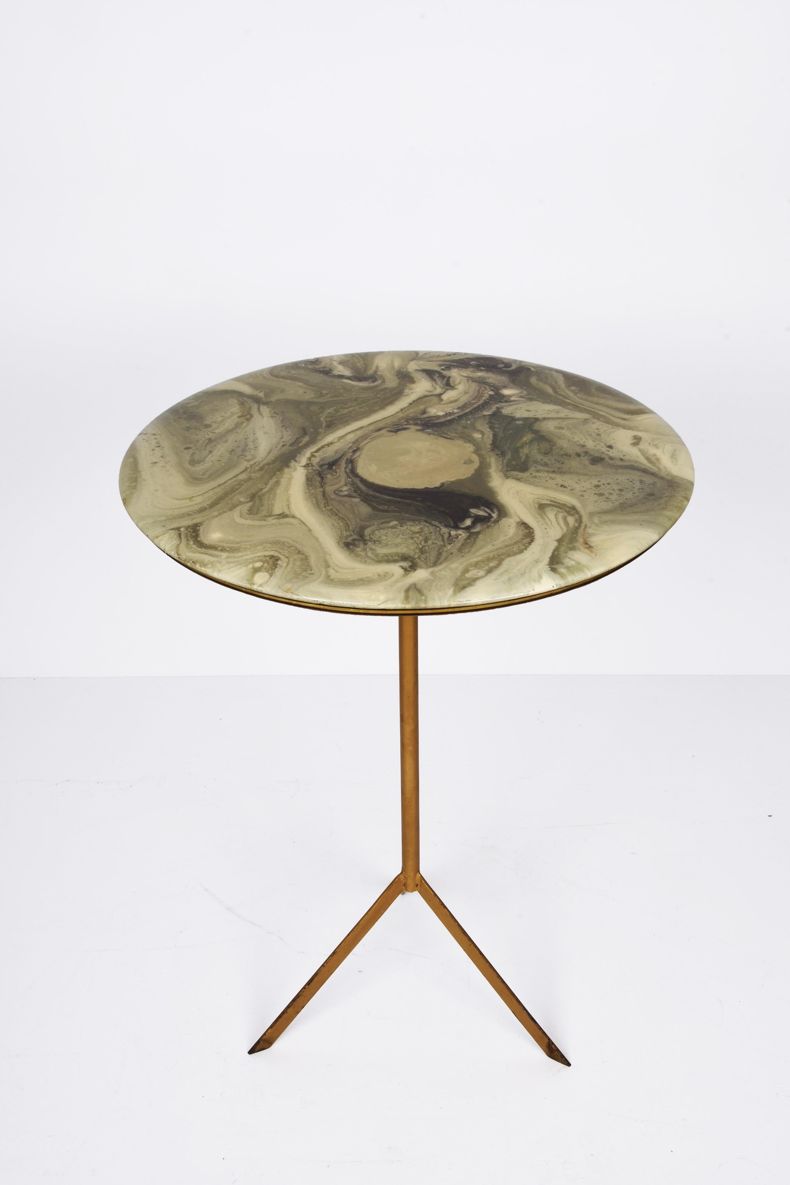 Midcentury Round Italian Gueridon Table with Marble Resin Top and Metal, 1950s For Sale 2