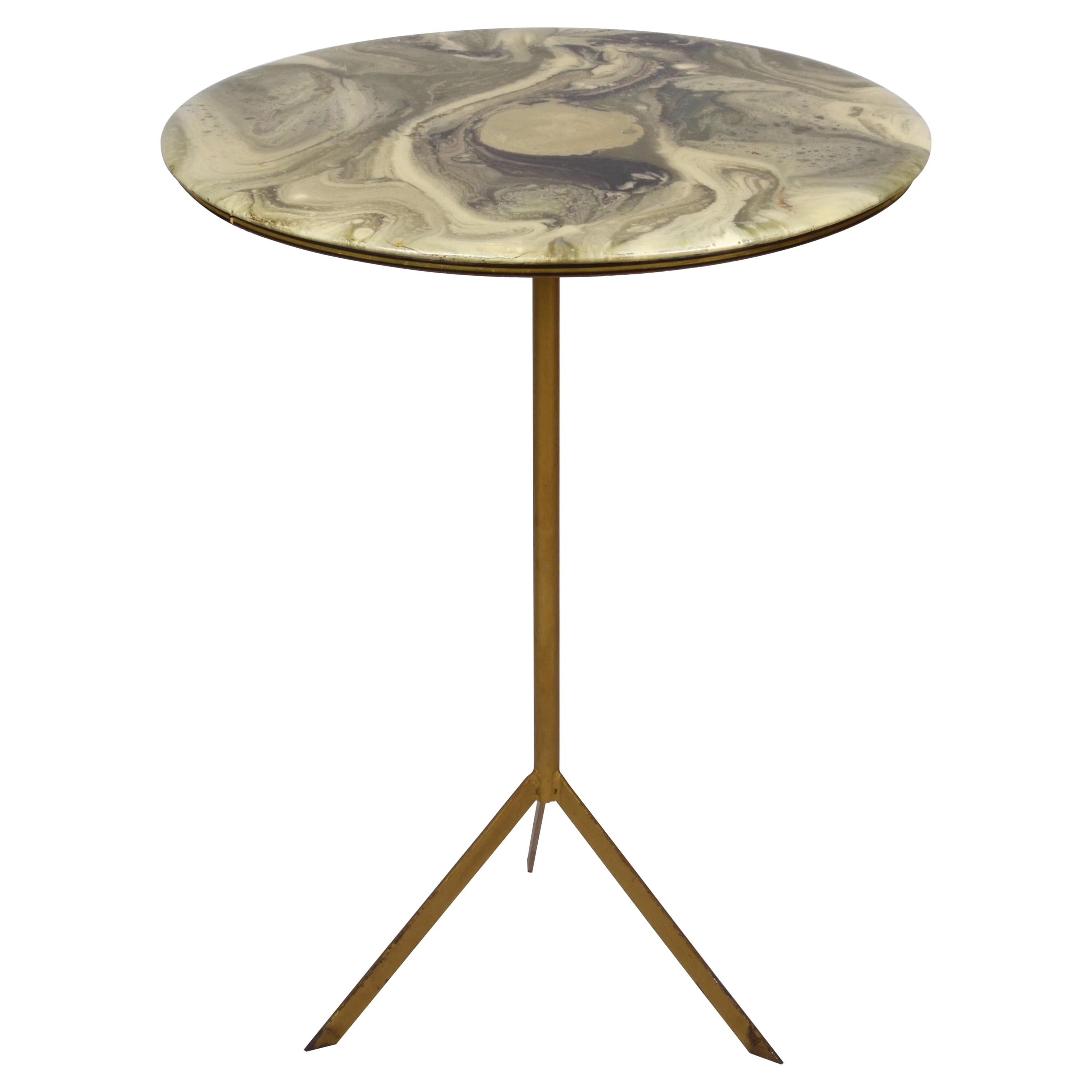 Midcentury Round Italian Gueridon Table with Marble Resin Top and Metal, 1950s