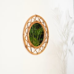 Midcentury Round Italian Mirror, Curved Bamboo, Rattan and Wicker Frame, 1960s