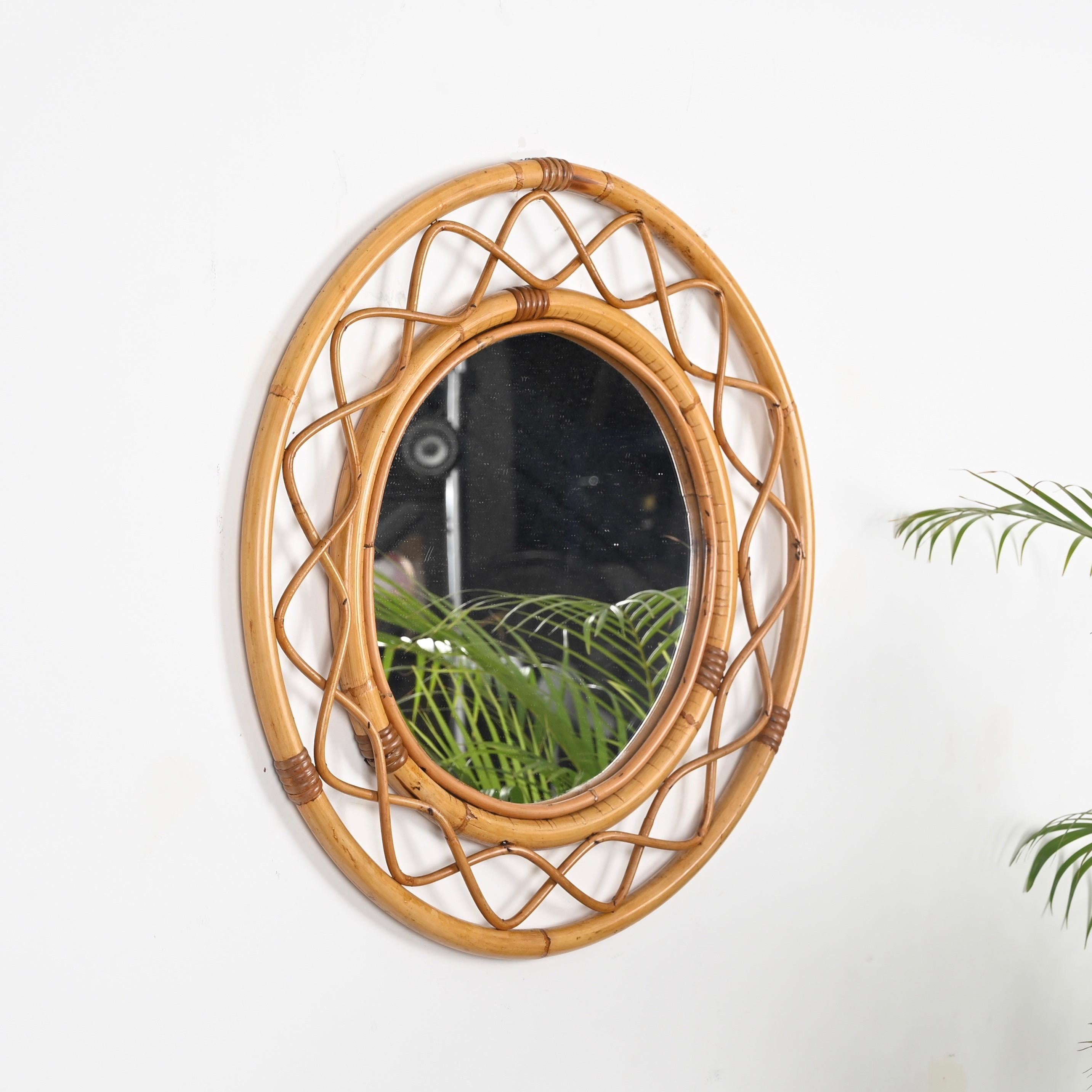 Midcentury Round Italian Mirror, Curved Bamboo, Rattan and Wicker Frame, 1960s For Sale 2