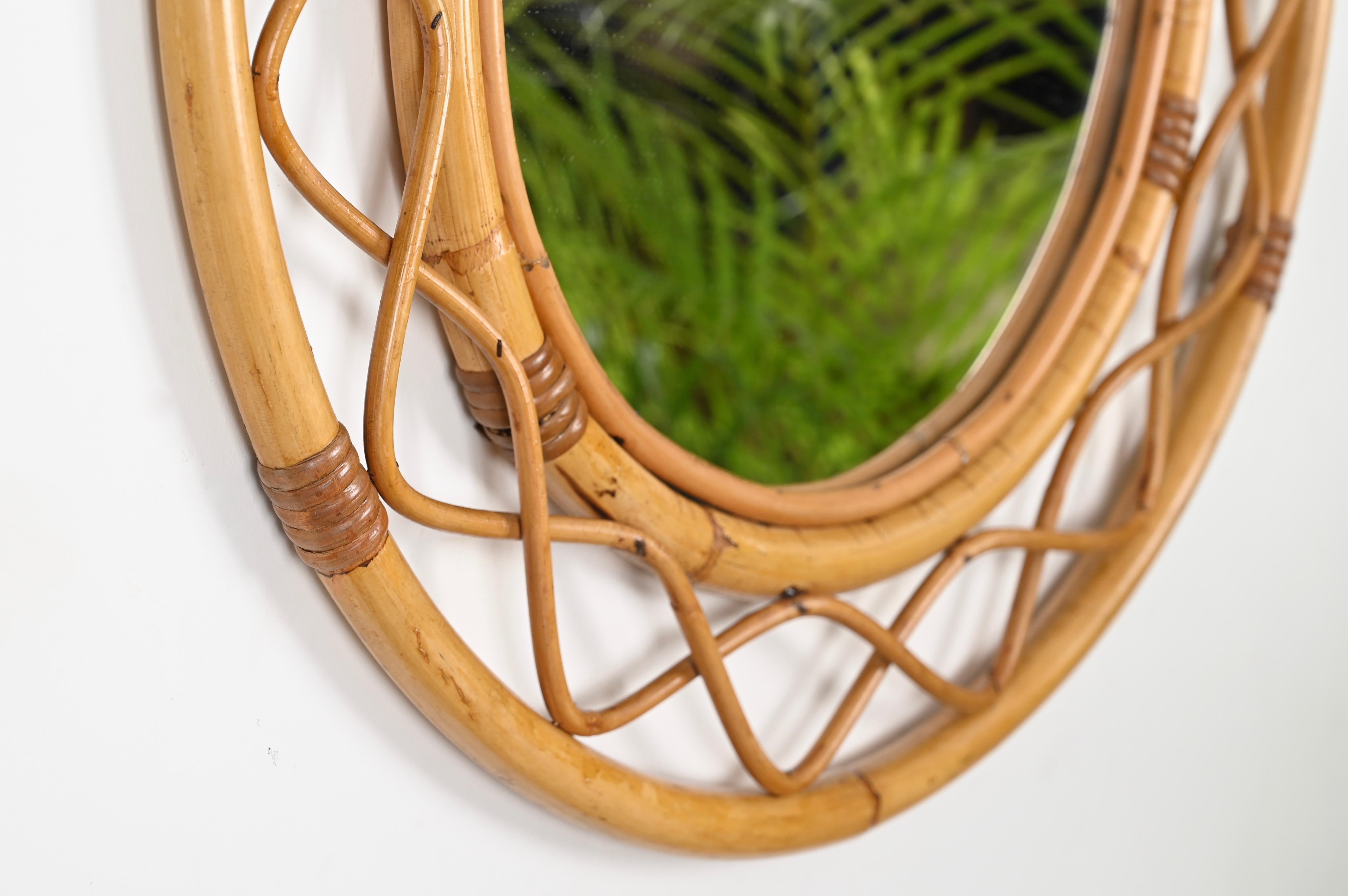 Midcentury Round Italian Mirror, Curved Bamboo, Rattan and Wicker Frame, 1960s For Sale 3