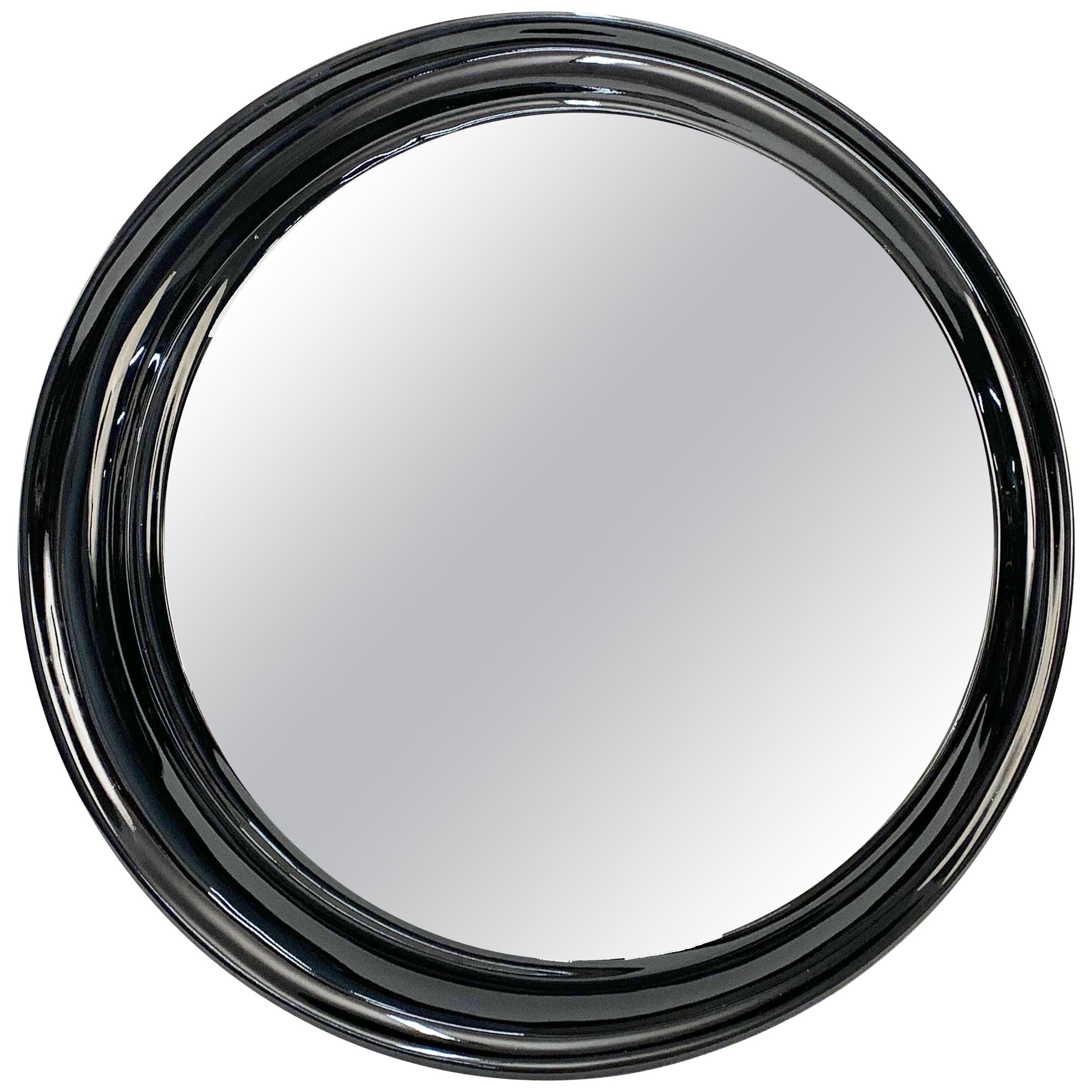 Midcentury Round Italian Mirror with Black Lacquered Resin Frame, 1970s