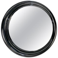 Midcentury Round Italian Mirror with Black Lacquered Resin Frame, 1970s