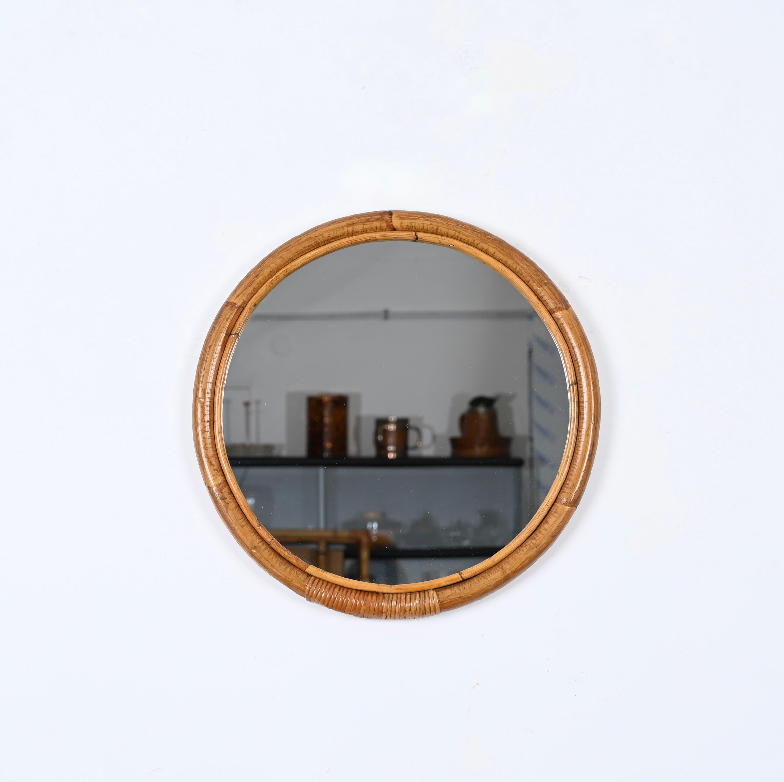 Midcentury Round Italian Mirror with Double Bamboo and Woven Wicker Frame, 1970s 5