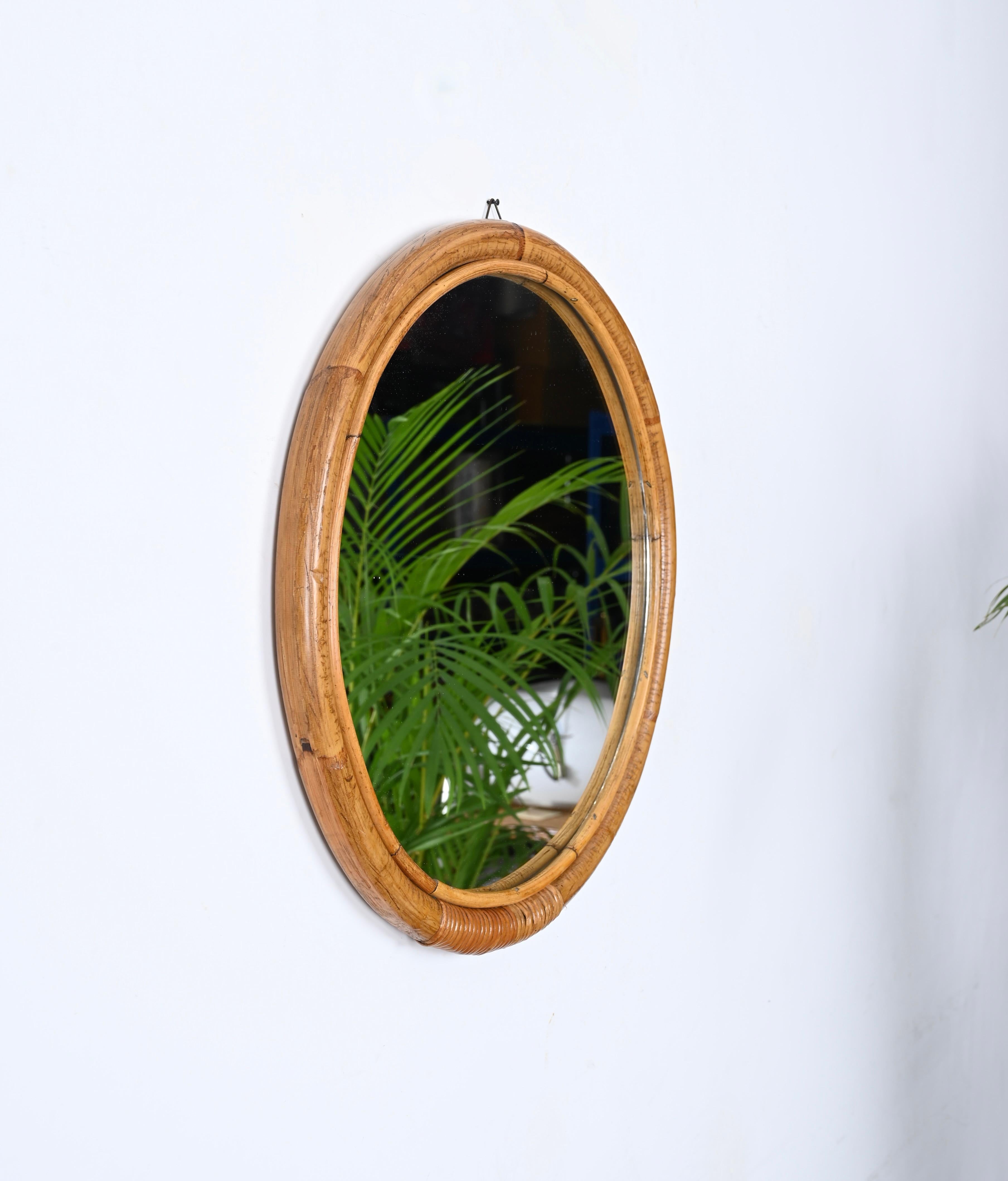 Midcentury Round Italian Mirror with Double Bamboo and Woven Wicker Frame, 1970s 7