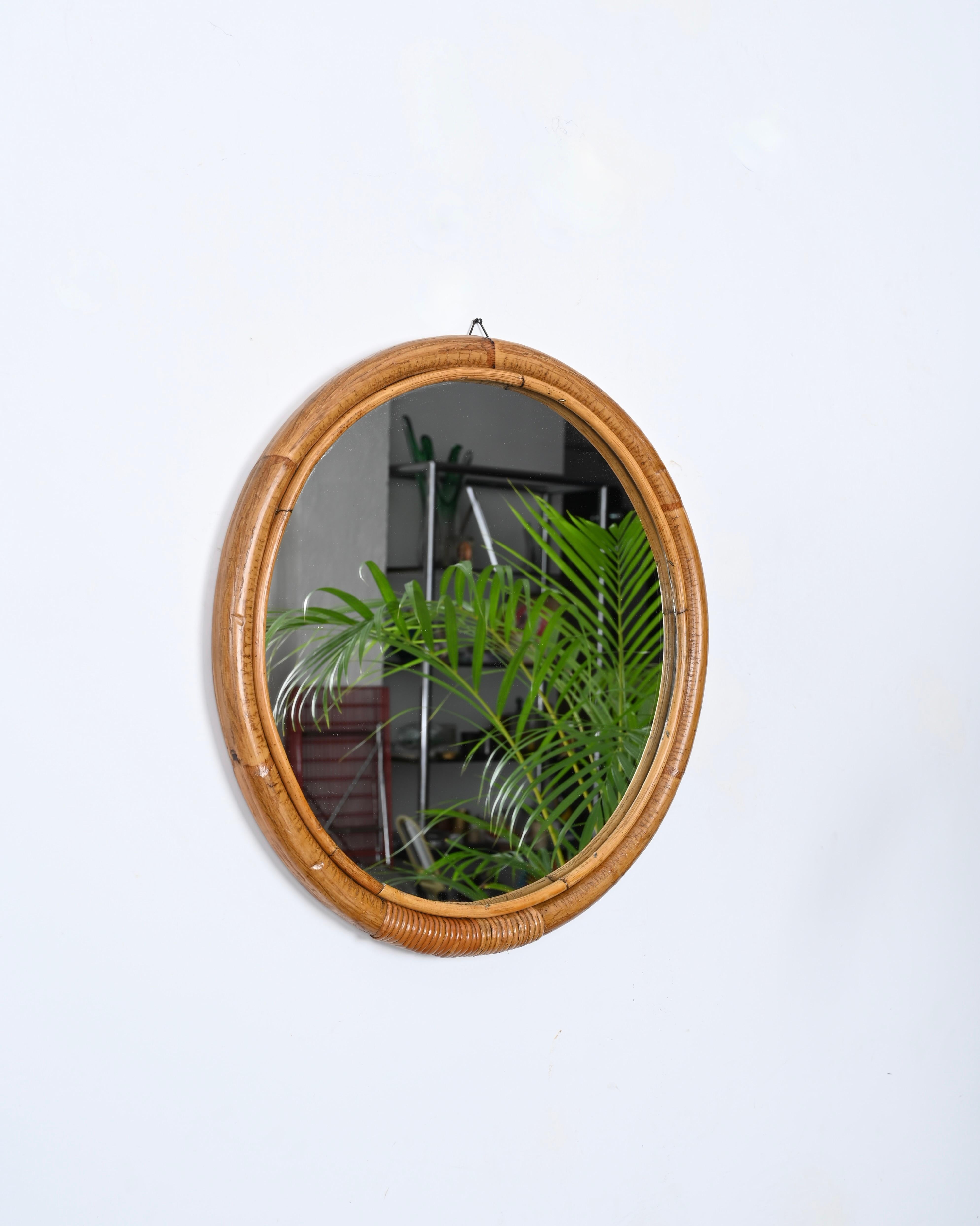 Hand-Crafted Midcentury Round Italian Mirror with Double Bamboo and Woven Wicker Frame, 1970s
