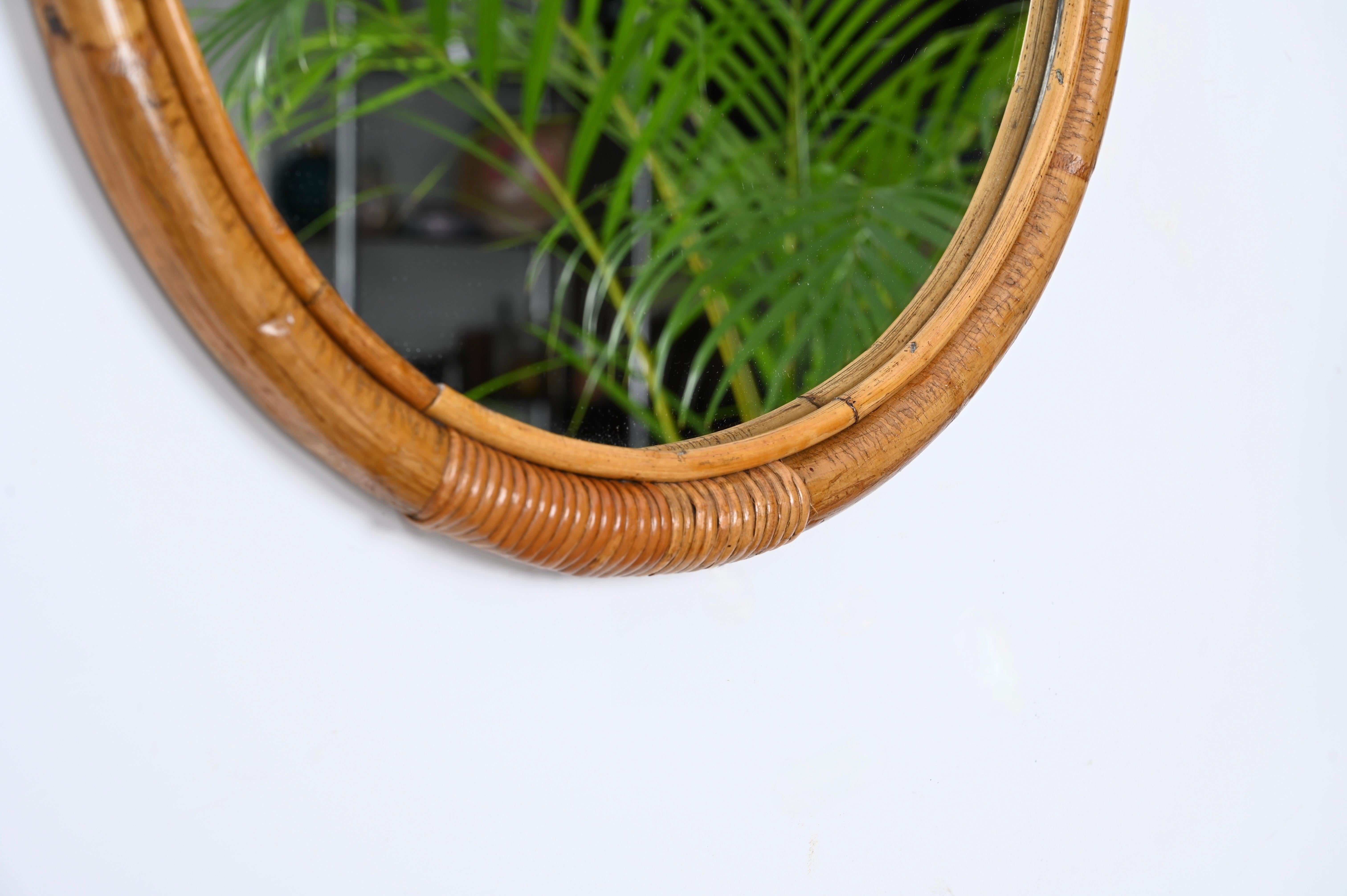 Midcentury Round Italian Mirror with Double Bamboo and Woven Wicker Frame, 1970s 1