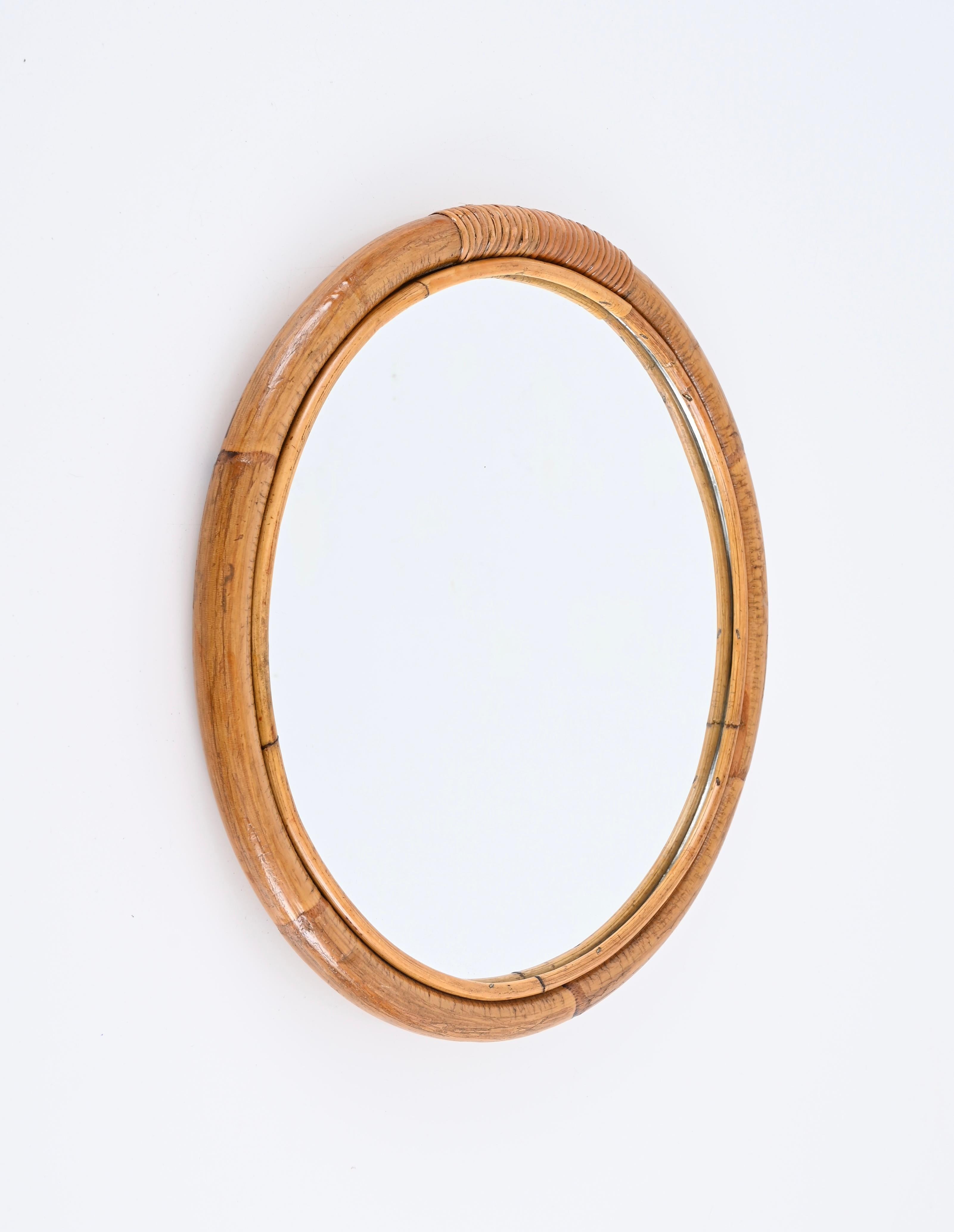 Midcentury Round Italian Mirror with Double Bamboo and Woven Wicker Frame, 1970s 2