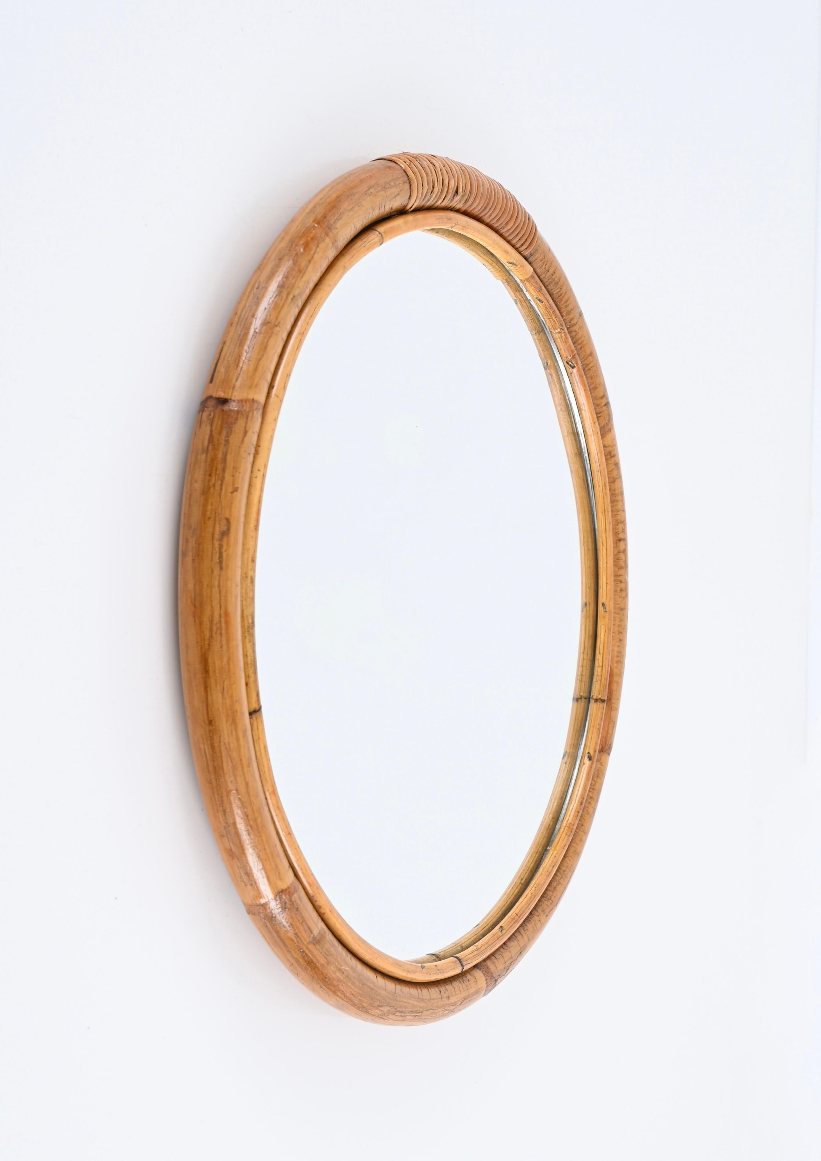 Midcentury Round Italian Mirror with Double Bamboo and Woven Wicker Frame, 1970s 3