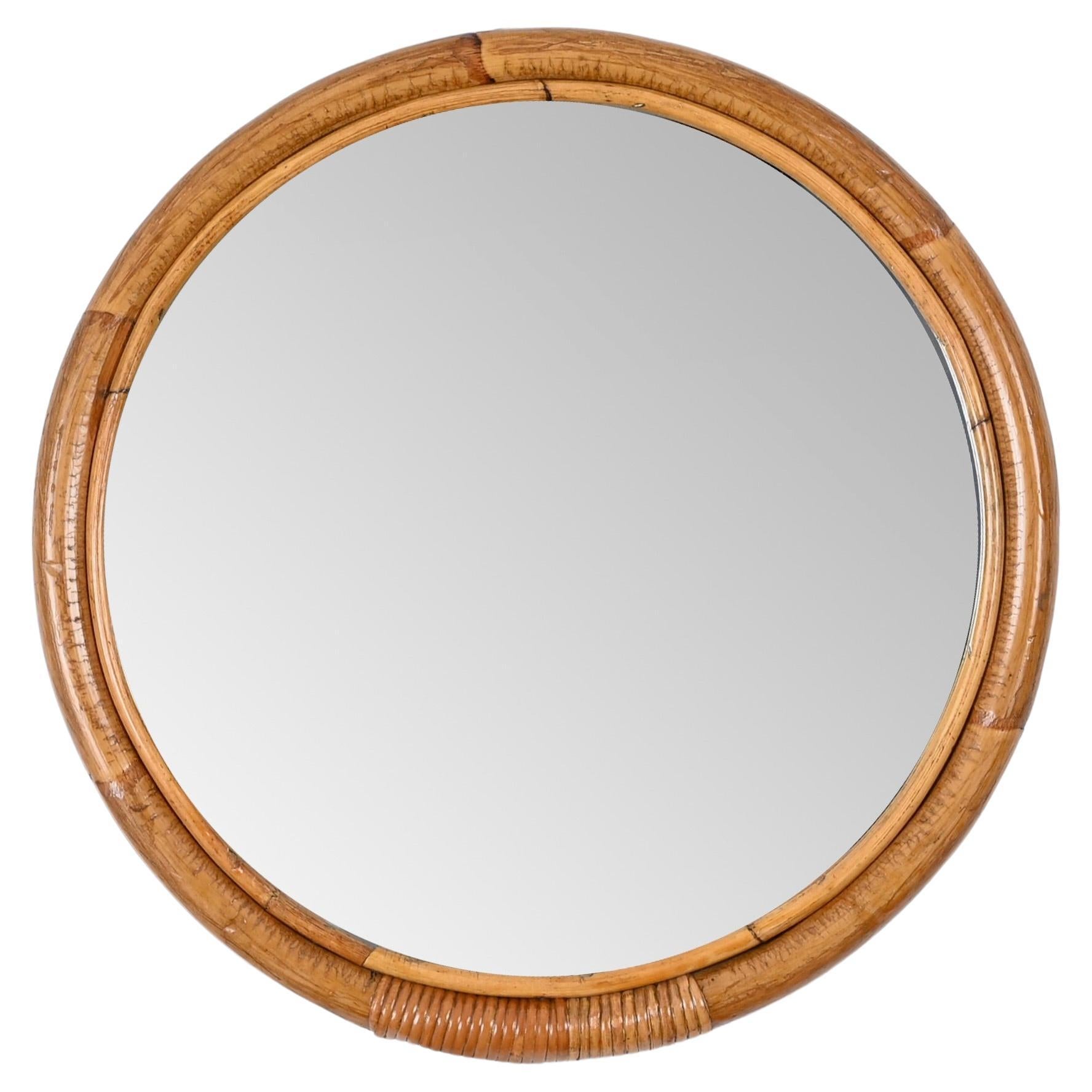 Midcentury Round Italian Mirror with Double Bamboo and Woven Wicker Frame, 1970s