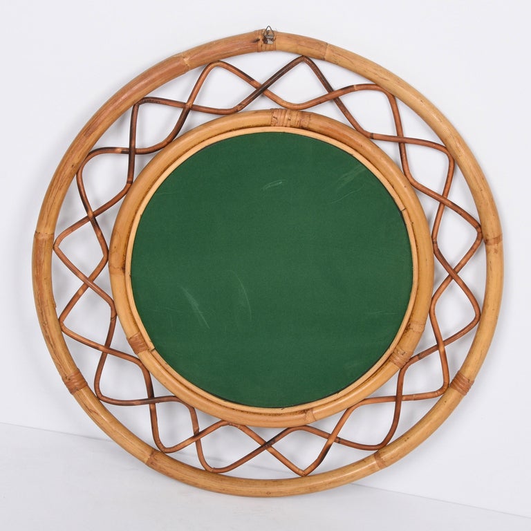 Midcentury Round Italian Mirror with Double Bamboo Weaved Wicker Frame