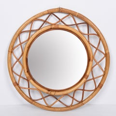 Midcentury Round Italian Mirror with Double Bamboo Weaved Wicker Frame, 1960s