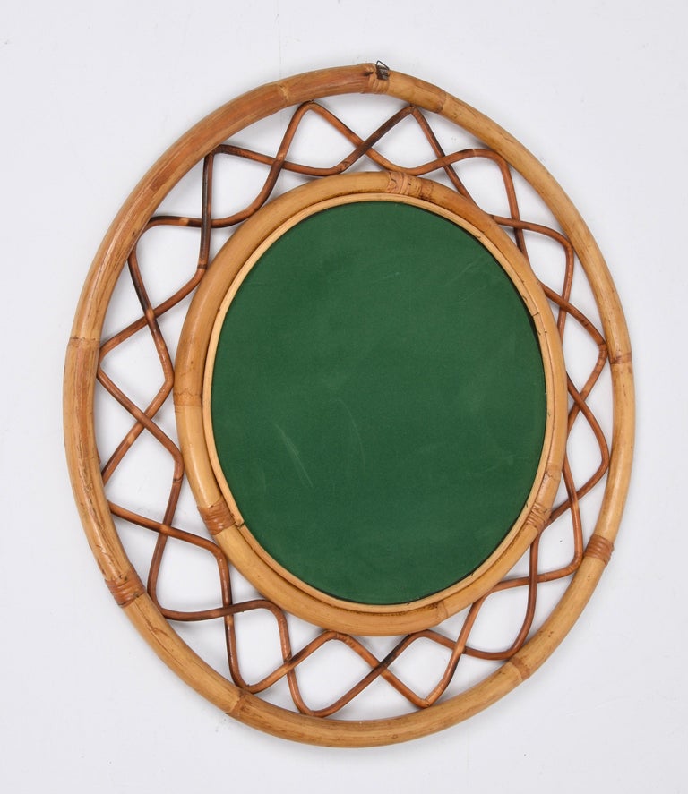 Midcentury Round Italian Mirror with Double Bamboo Weaved Wicker Frame