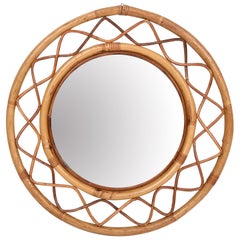 Midcentury Round Italian Mirror with Double Bamboo Weaved Wicker Frame, 1960s