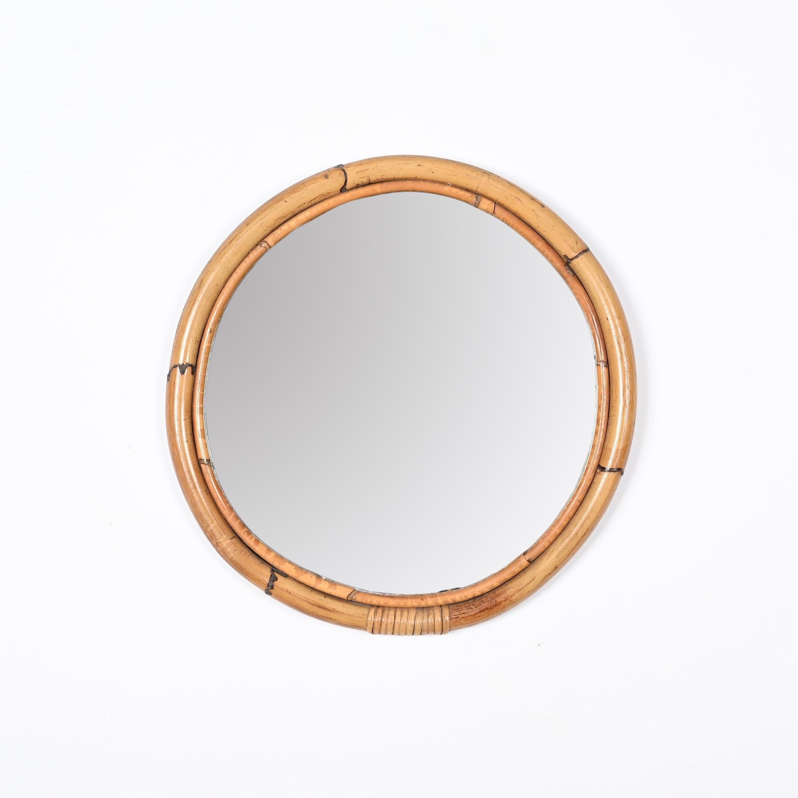 Midcentury Round Italian Mirror with Double Bamboo Weaved Wicker Frame, 1970s 5