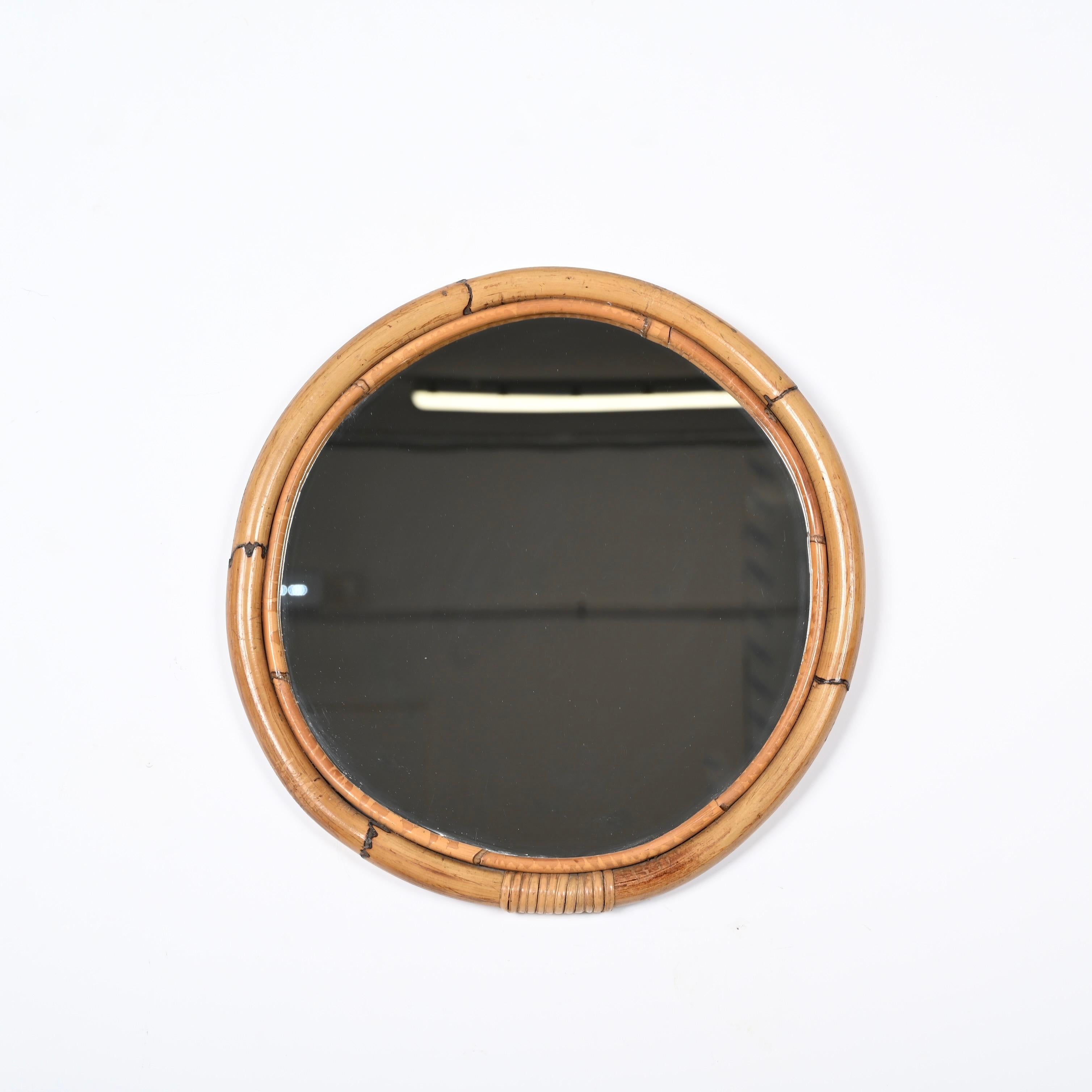 Midcentury Round Italian Mirror with Double Bamboo Weaved Wicker Frame, 1970s 6