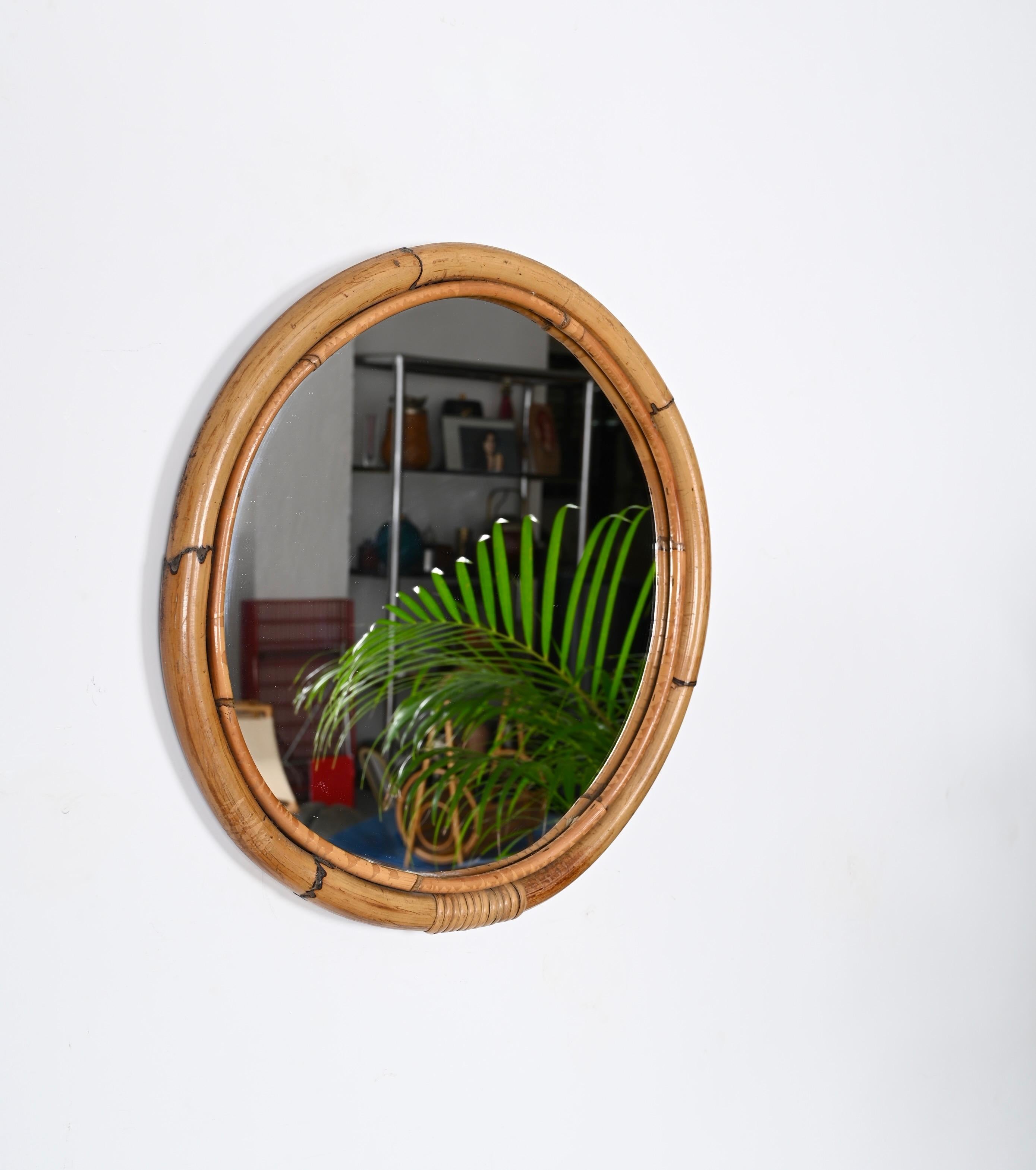 20th Century Midcentury Round Italian Mirror with Double Bamboo Weaved Wicker Frame, 1970s