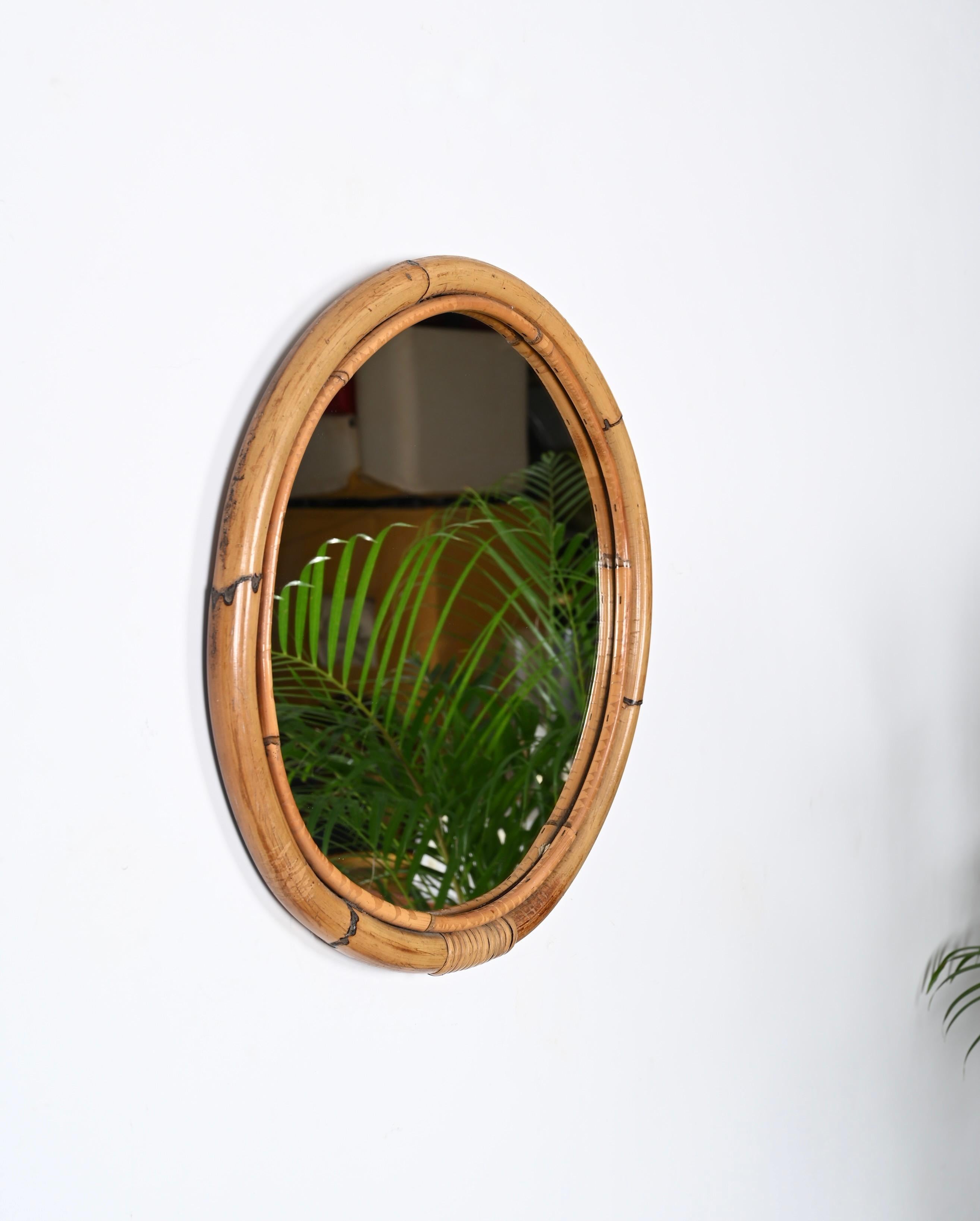 Midcentury Round Italian Mirror with Double Bamboo Weaved Wicker Frame, 1970s 3